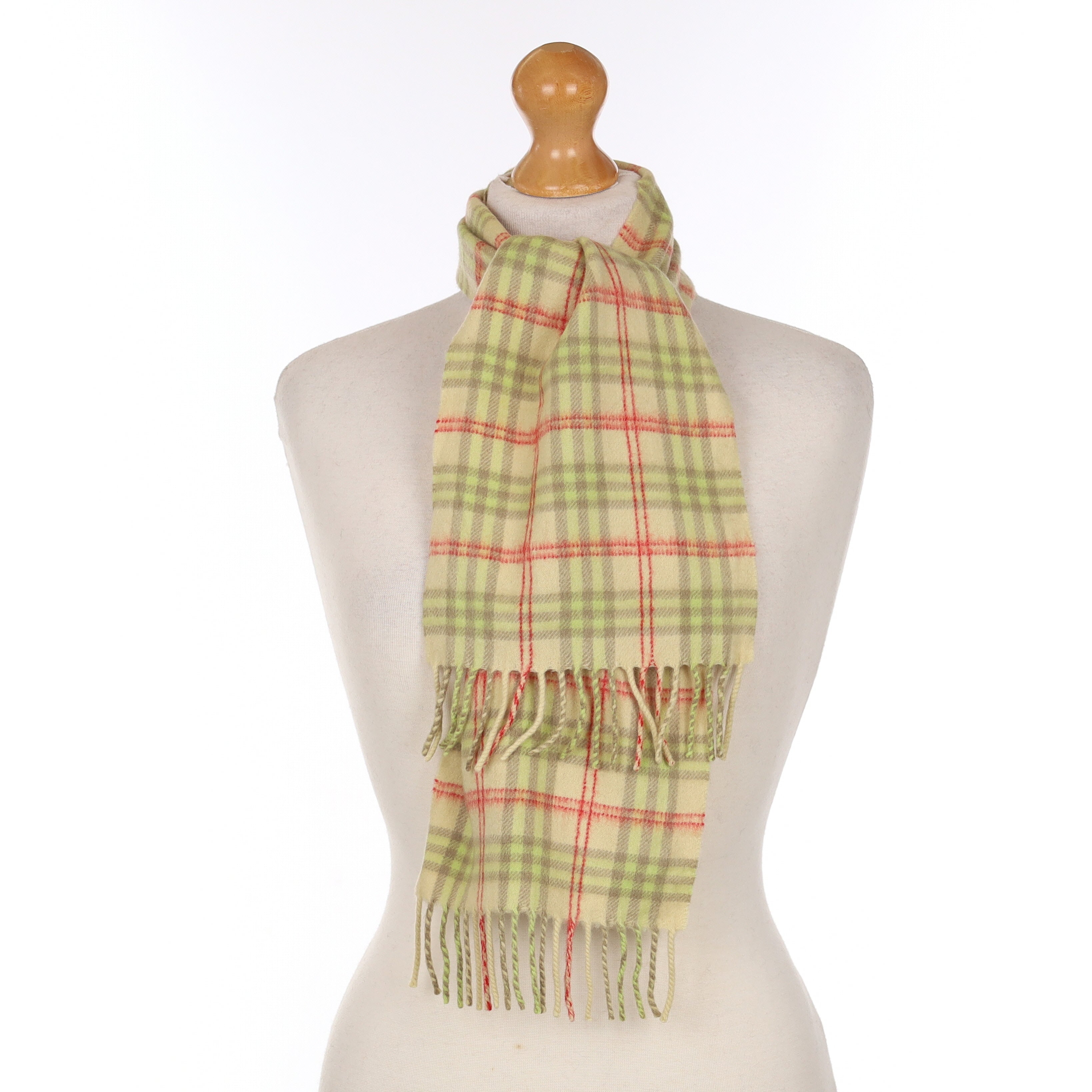 Chartreuse And Red Checked Cashmere Woven Scarf
