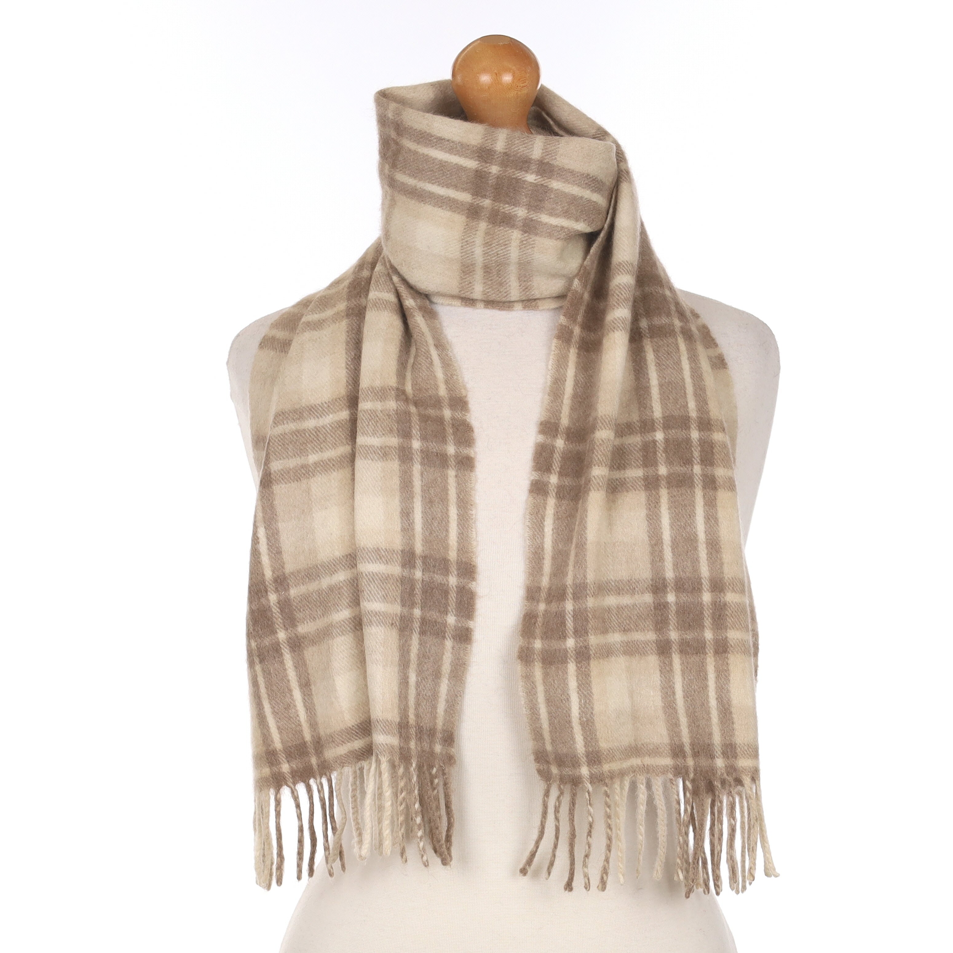 Cream And Beige Checked Cashmere Woven Scarf