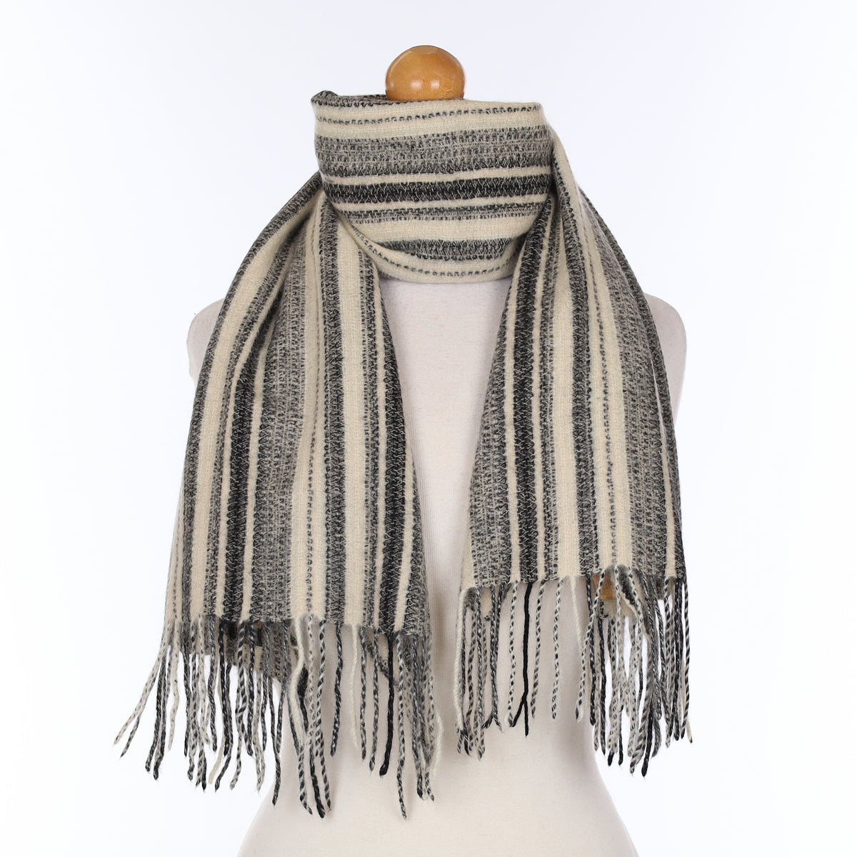 Cream And Black Striped Cashmere Woven Scarf