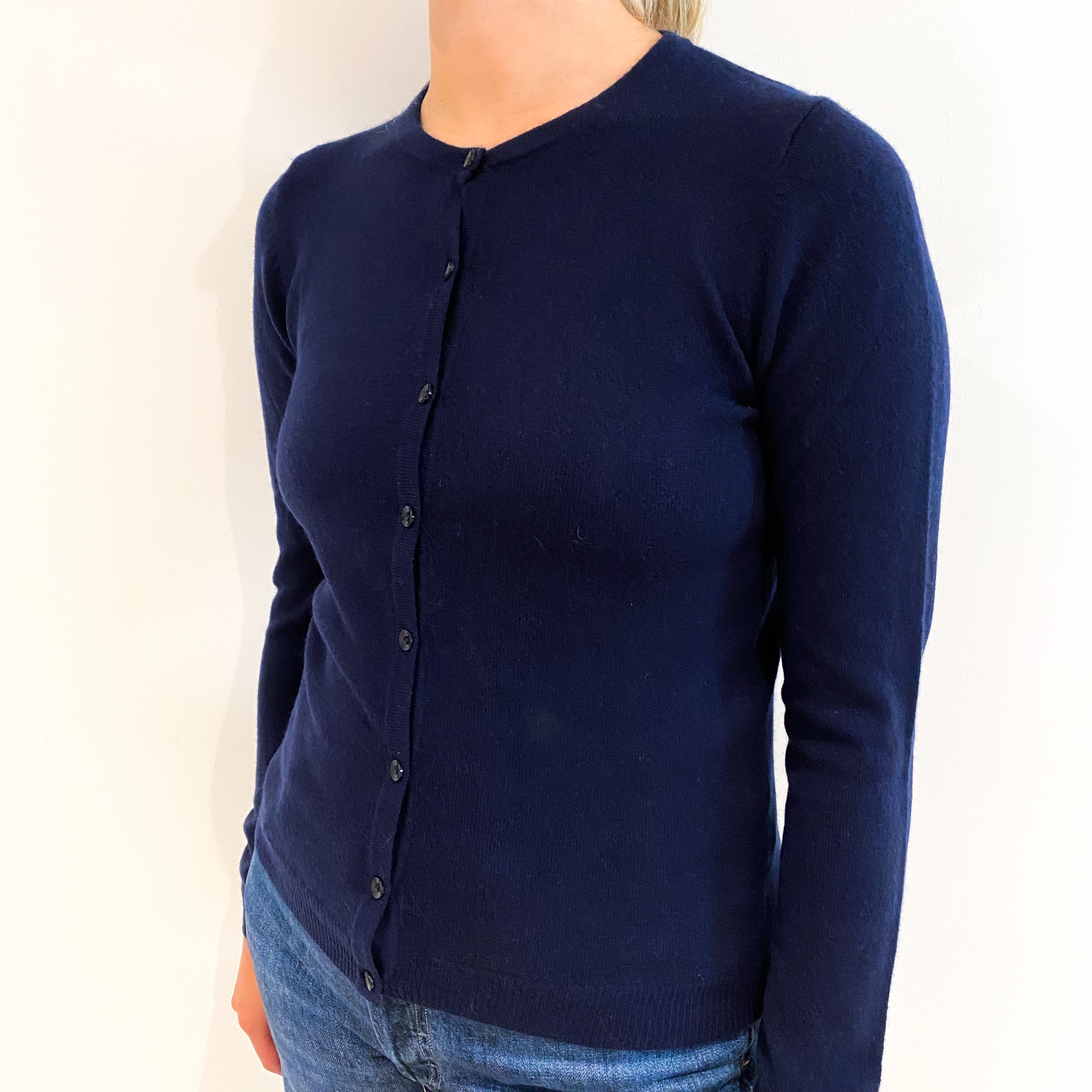Navy Blue Cashmere Crew Neck Cardigan Small