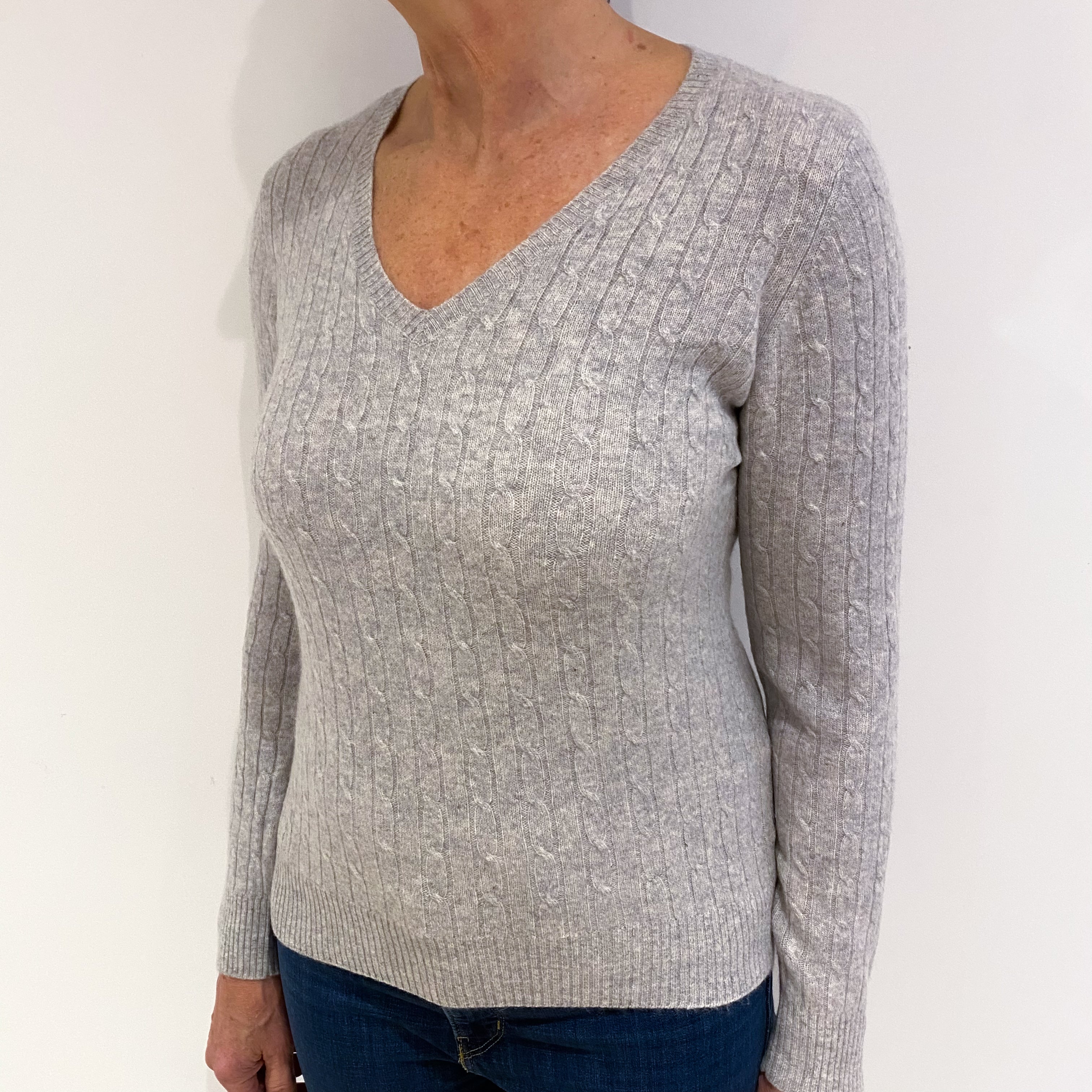 Smoke Grey Cable Cashmere V Neck Jumper Medium