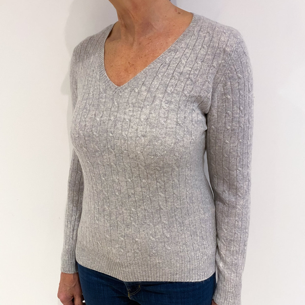 Smoke Grey Cable Cashmere V Neck Jumper Medium