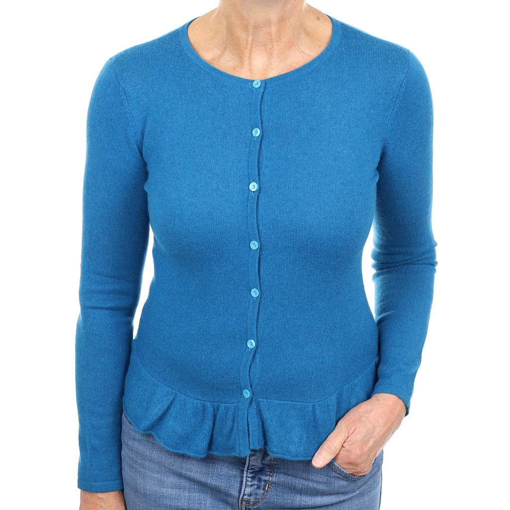 Peacock Blue Cashmere Frill Hem Crew Neck Cardigan Medium
