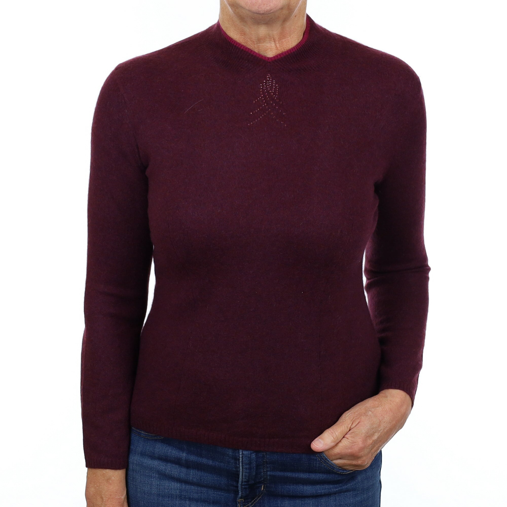 Mulberry Purple Diamanté Cashmere Turtle Neck Jumper Medium