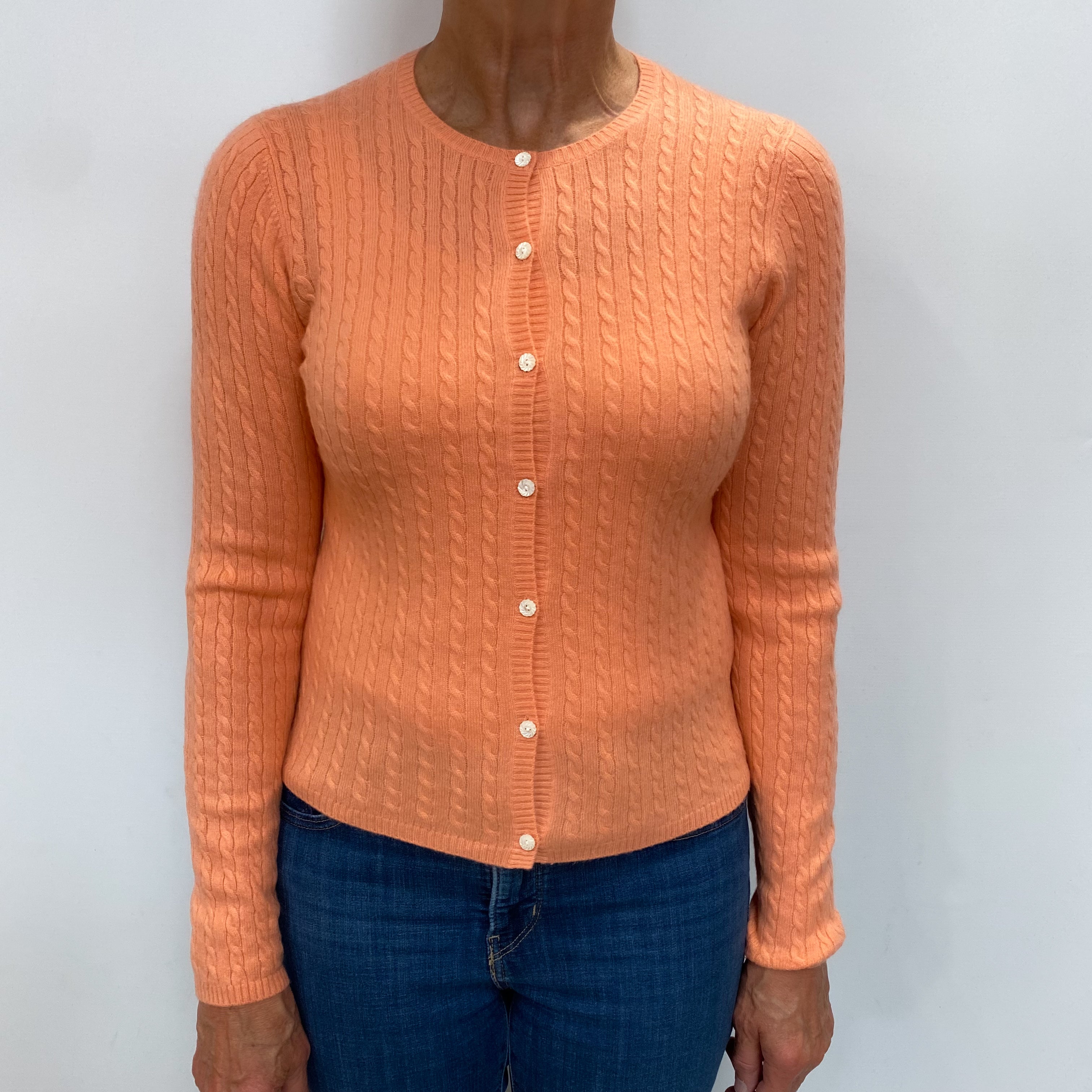 Peach Pink Cashmere Crew Neck Cable Knit Cardigan Medium