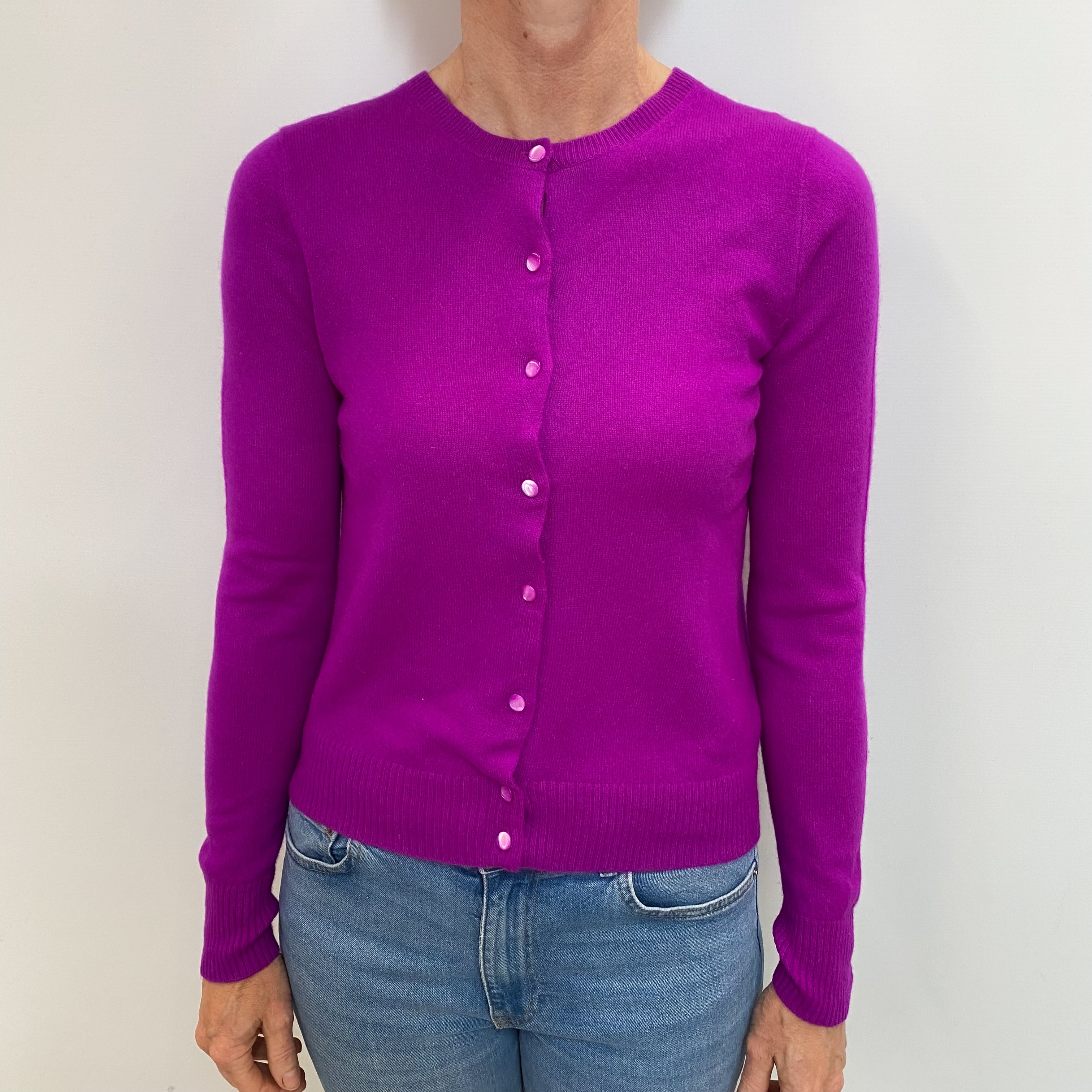 Bright Magenta Purple Cashmere Crew Neck Cardigan Small