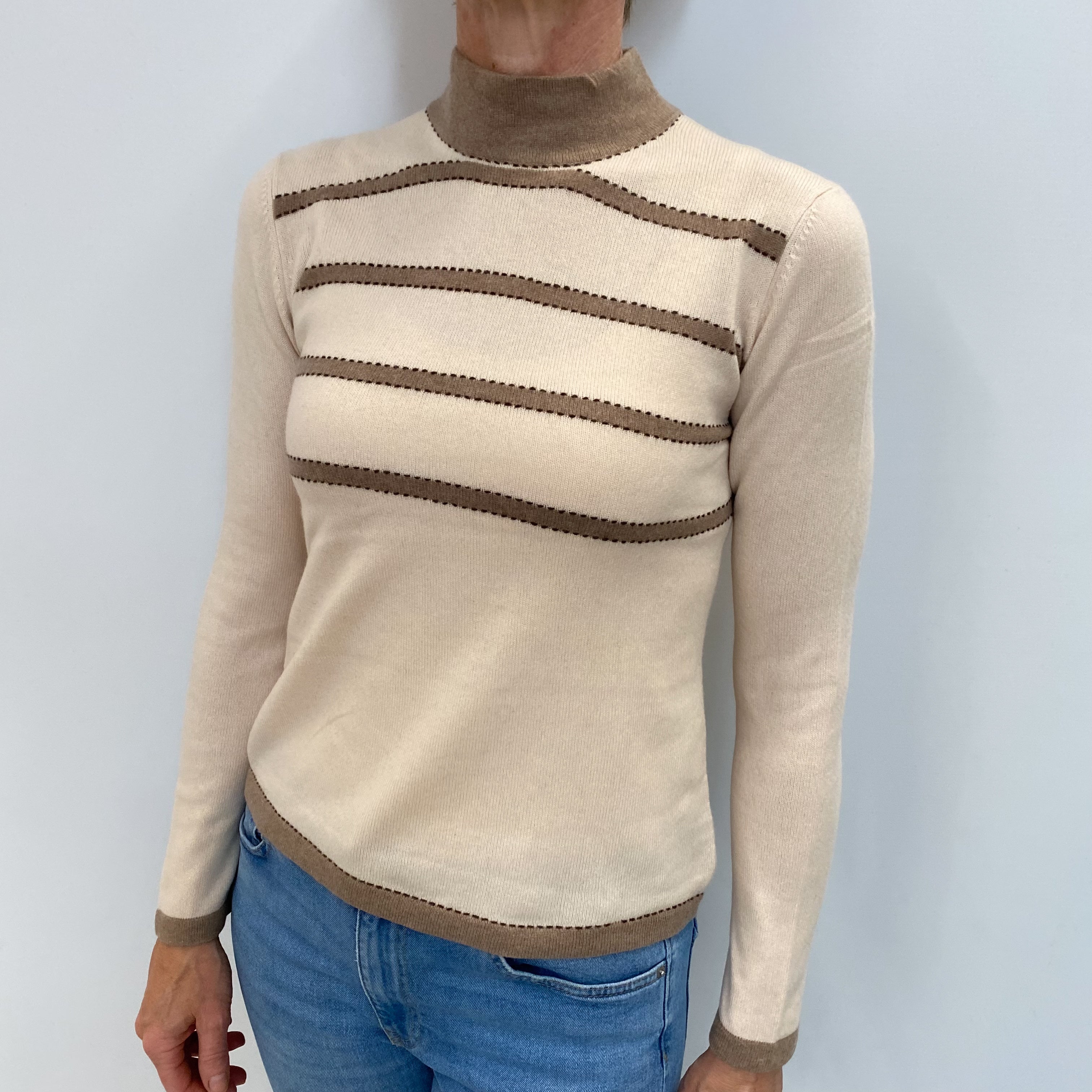 Honey And Mocha Striped Cashmere Polo Neck Jumper Small