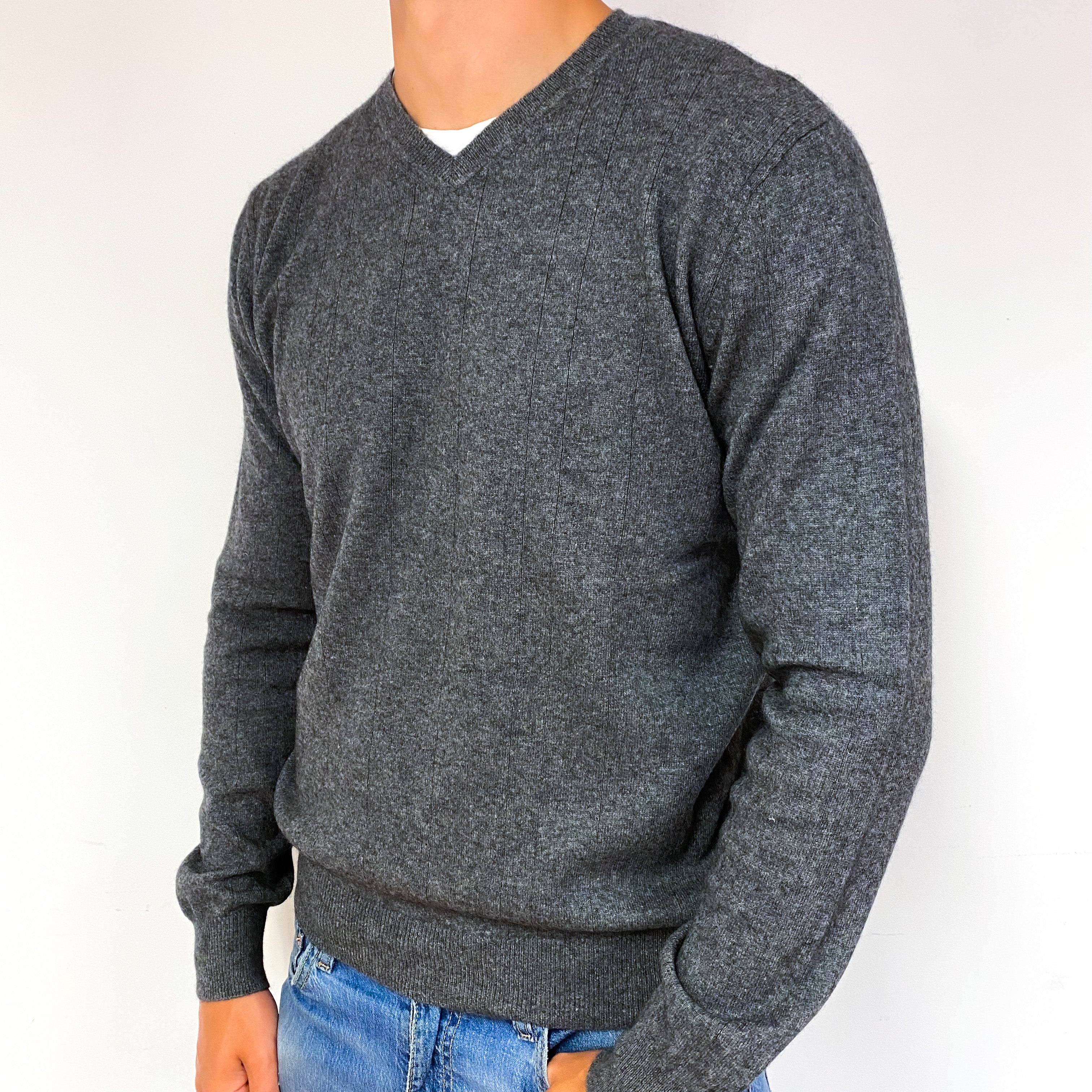 Men's Slate Grey Stripe Cashmere V-Neck Jumper Extra Large