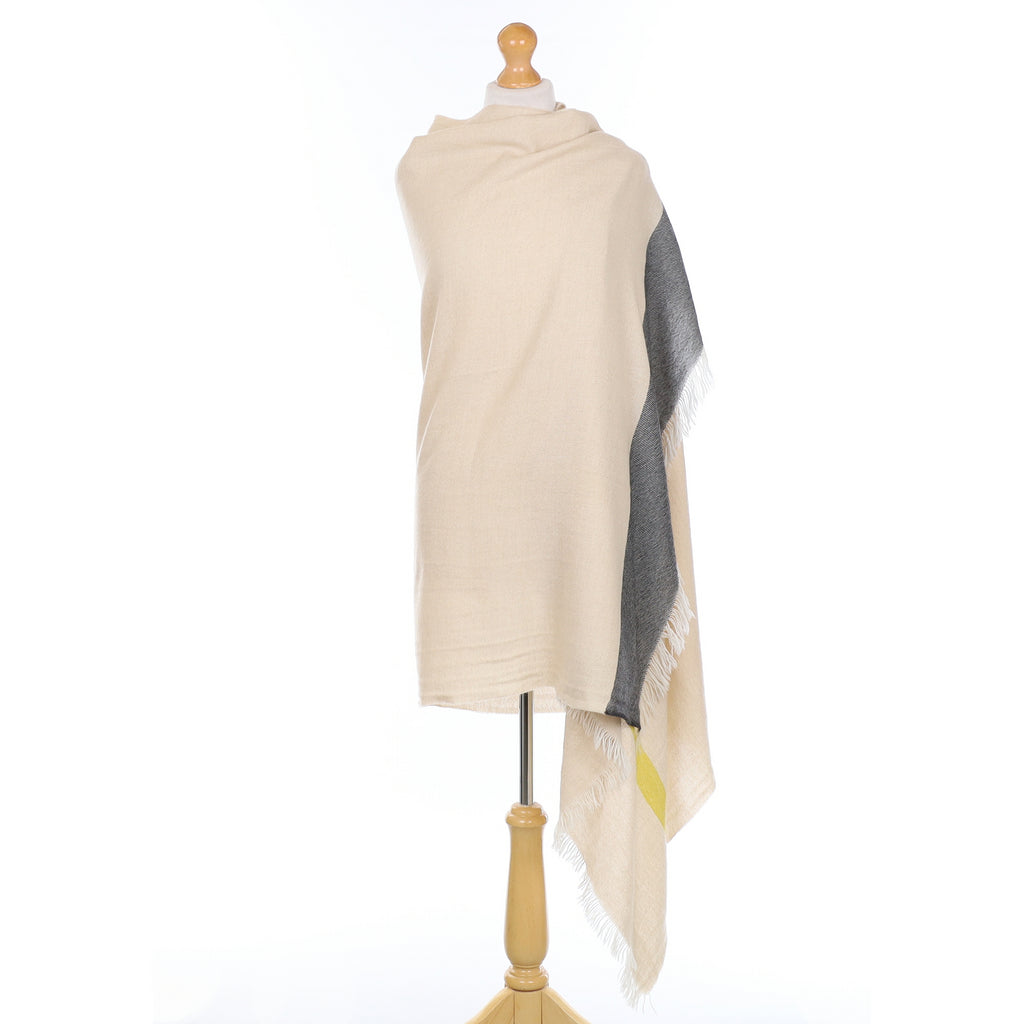 Brand New Begg & Co Alabaster with Yellow Stripe Cashmere Woven Wrap