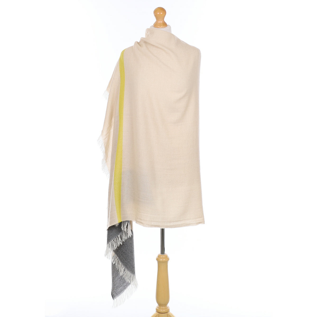 Brand New Begg & Co Alabaster with Yellow Stripe Cashmere Woven Wrap