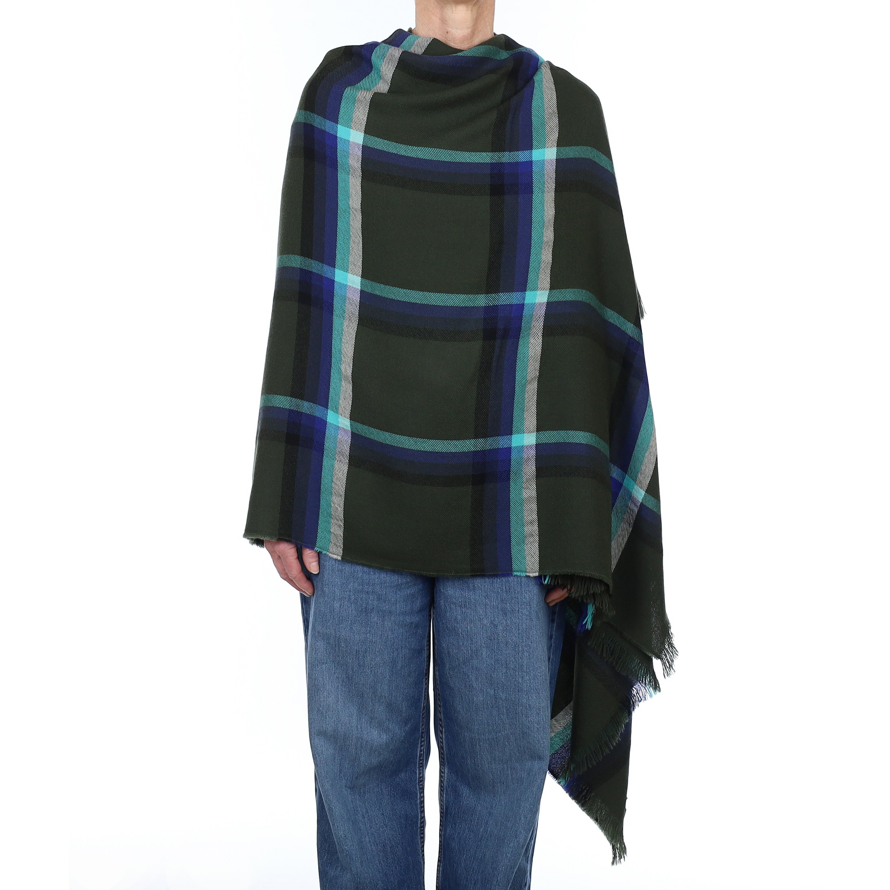 Brand New Scottish Alex Begg Deep Khaki and Aqua Check Cashmere Wrap
