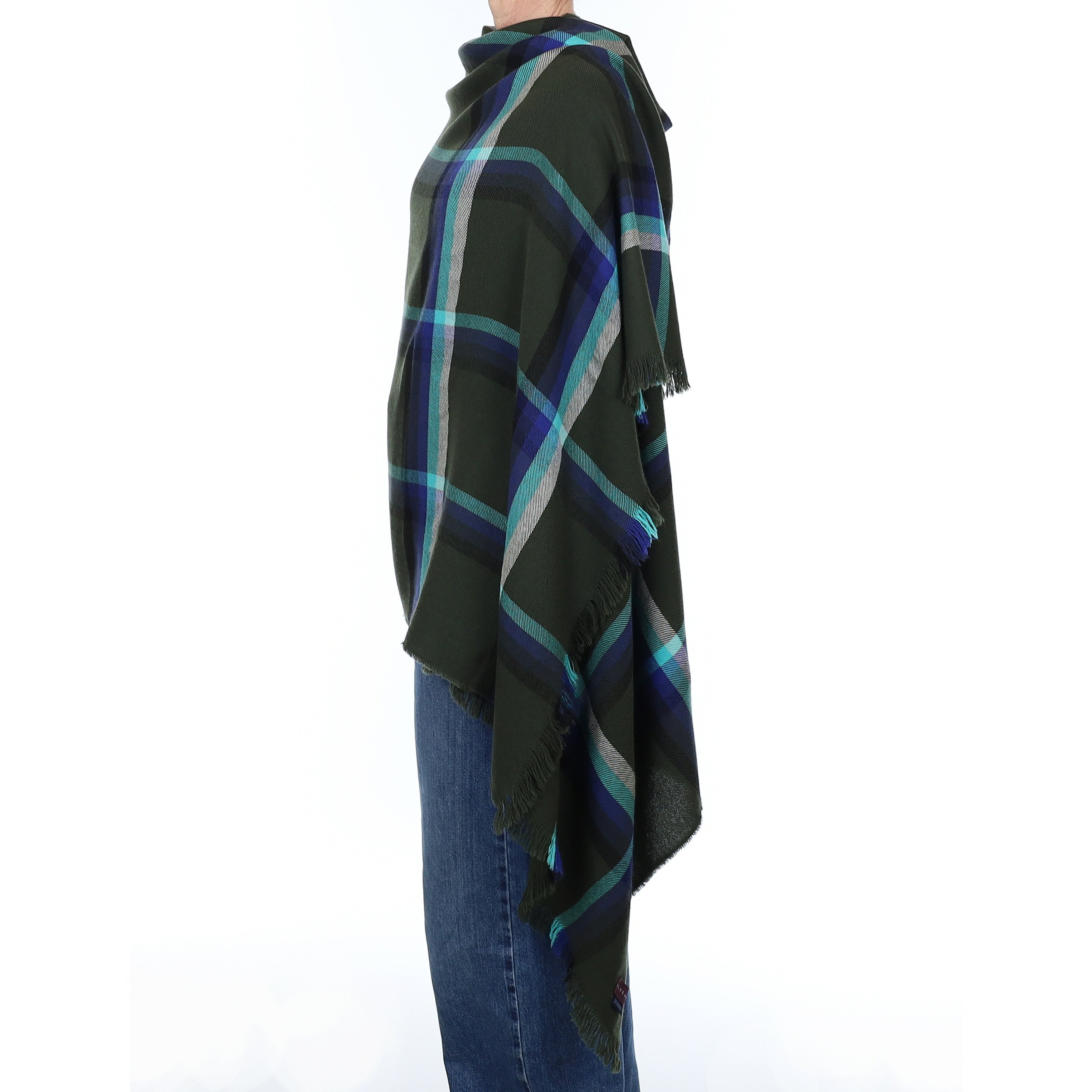 Brand New Scottish Alex Begg Deep Khaki and Aqua Check Cashmere Wrap