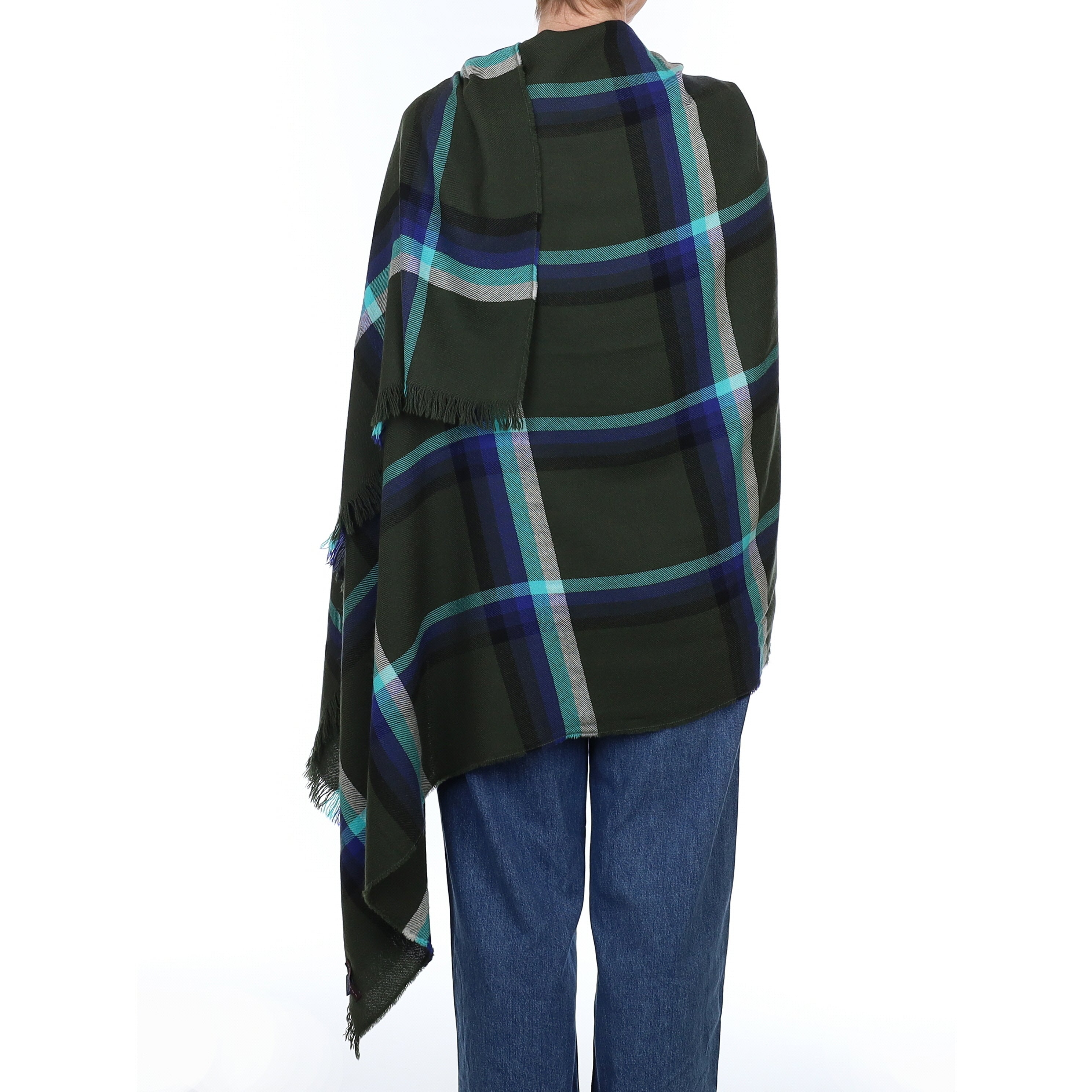 Brand New Scottish Alex Begg Deep Khaki and Aqua Check Cashmere Wrap