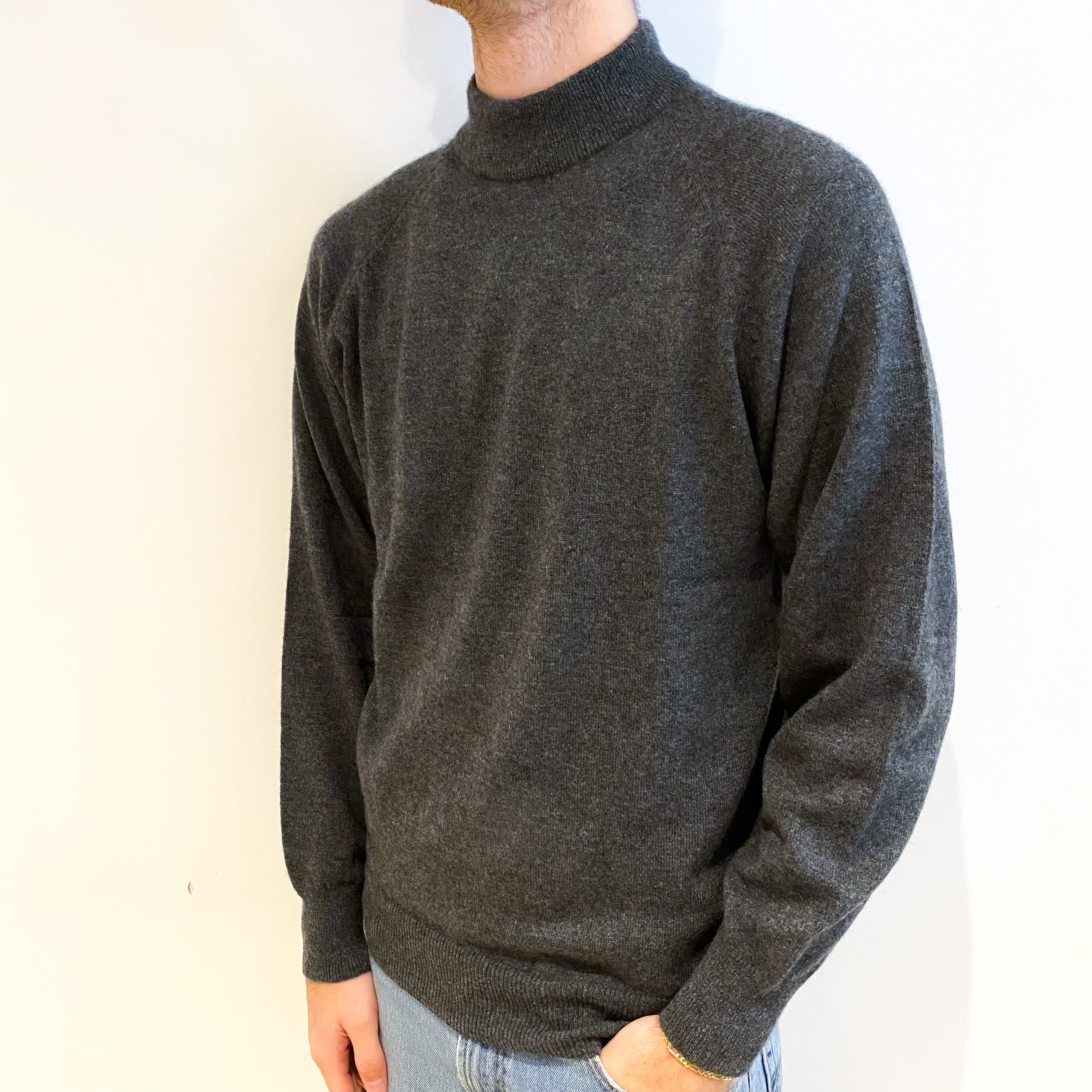 Men's Slate Grey Cashmere V Neck Jumper Large