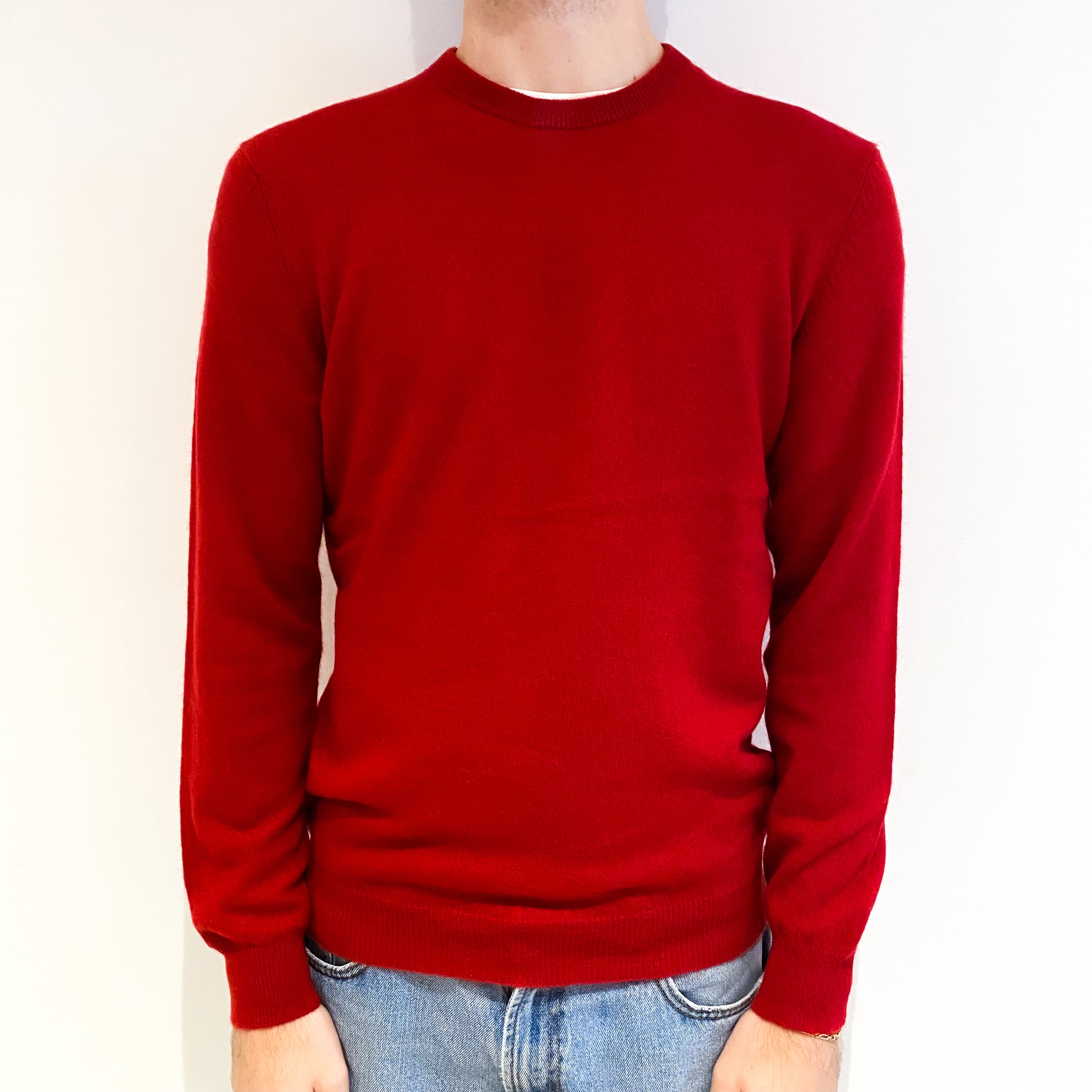 Men's Post Box Red Cashmere Crew Neck Jumper Medium