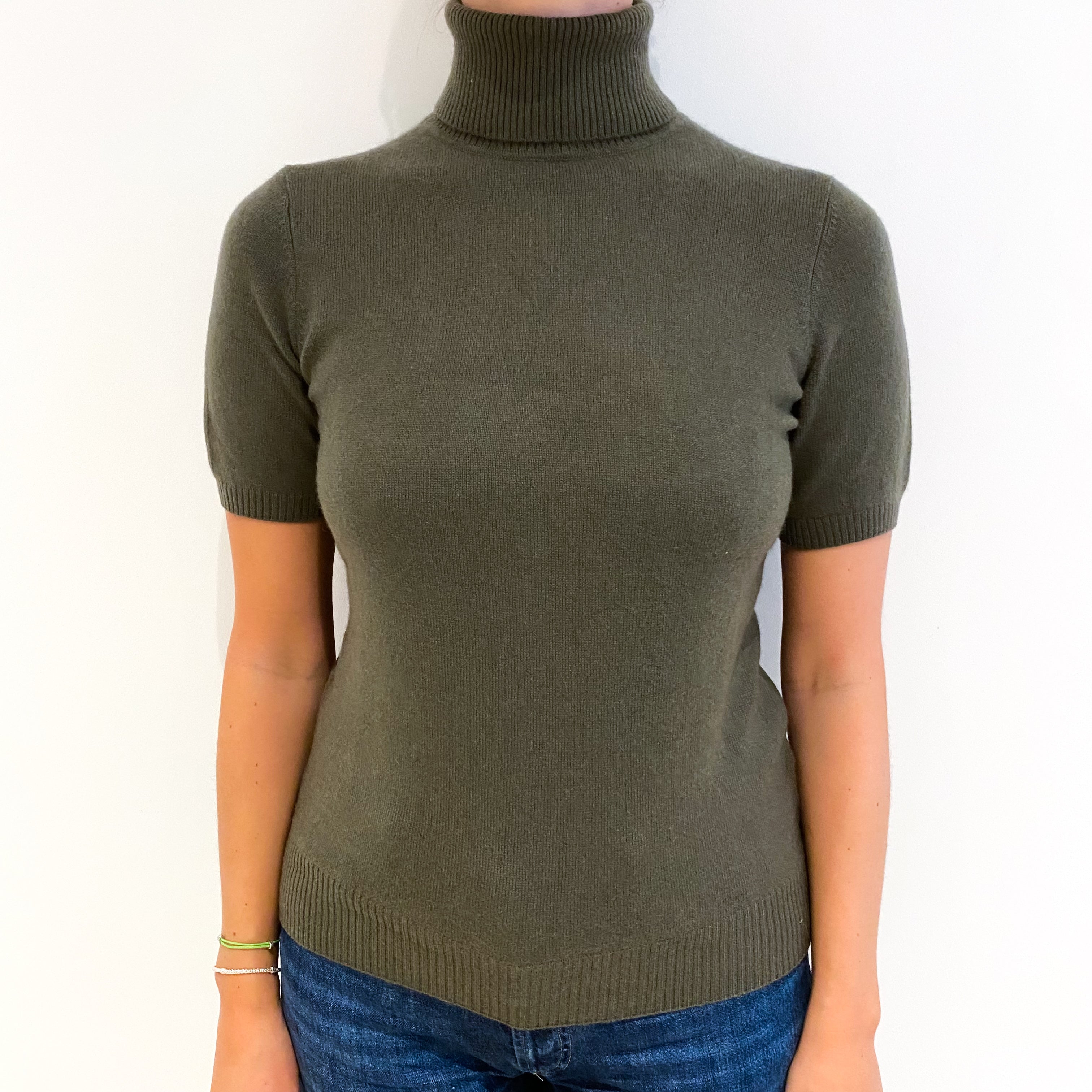 Olive Green Short Sleeve Cashmere Polo Neck Jumper Small