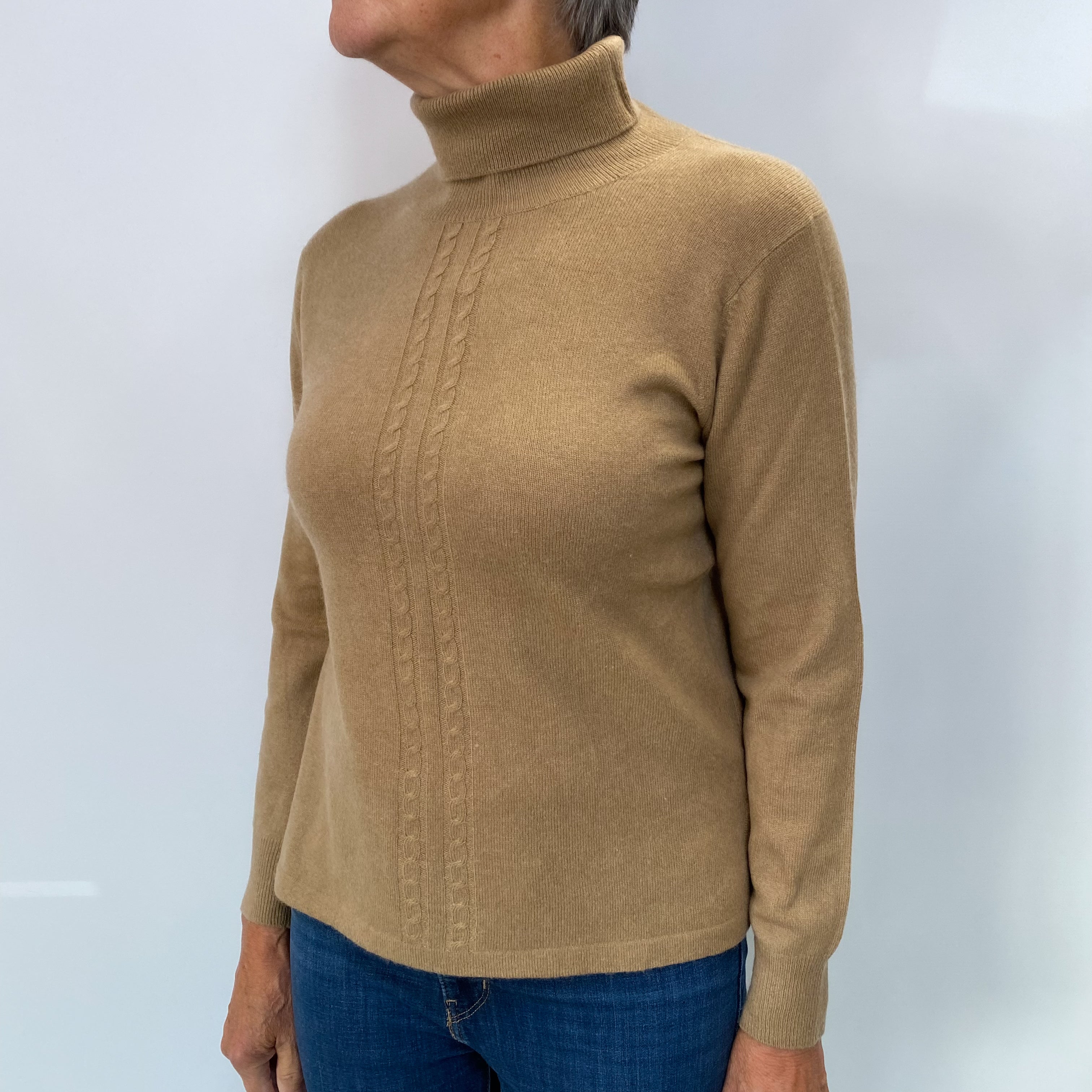 Camel Brown Cashmere Polo Neck Jumper Medium
