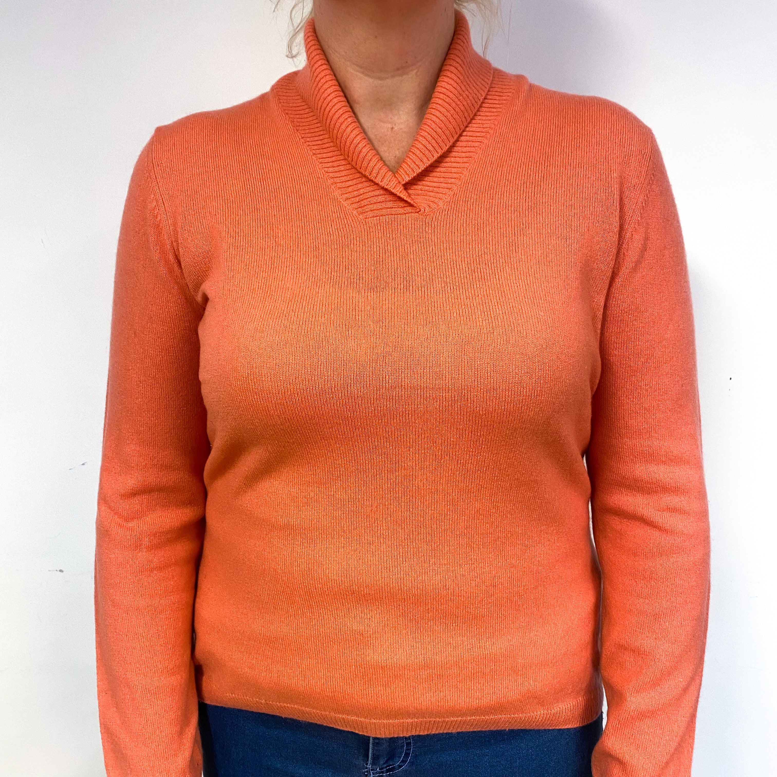 Coral Orange Cashmere Shawl Collar Jumper Large