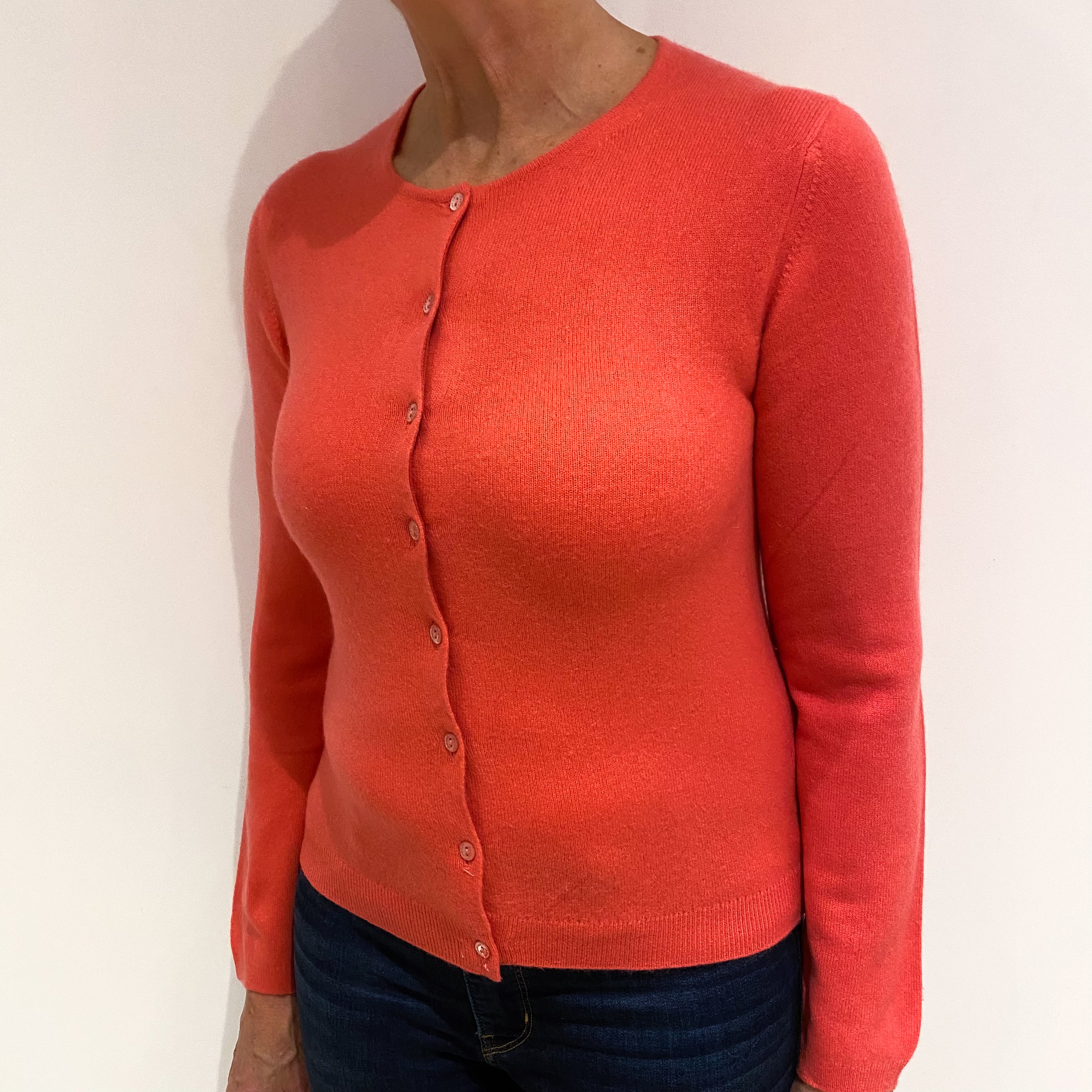 Jaeger Coral Pink Cashmere Crew Neck Cardigan Medium