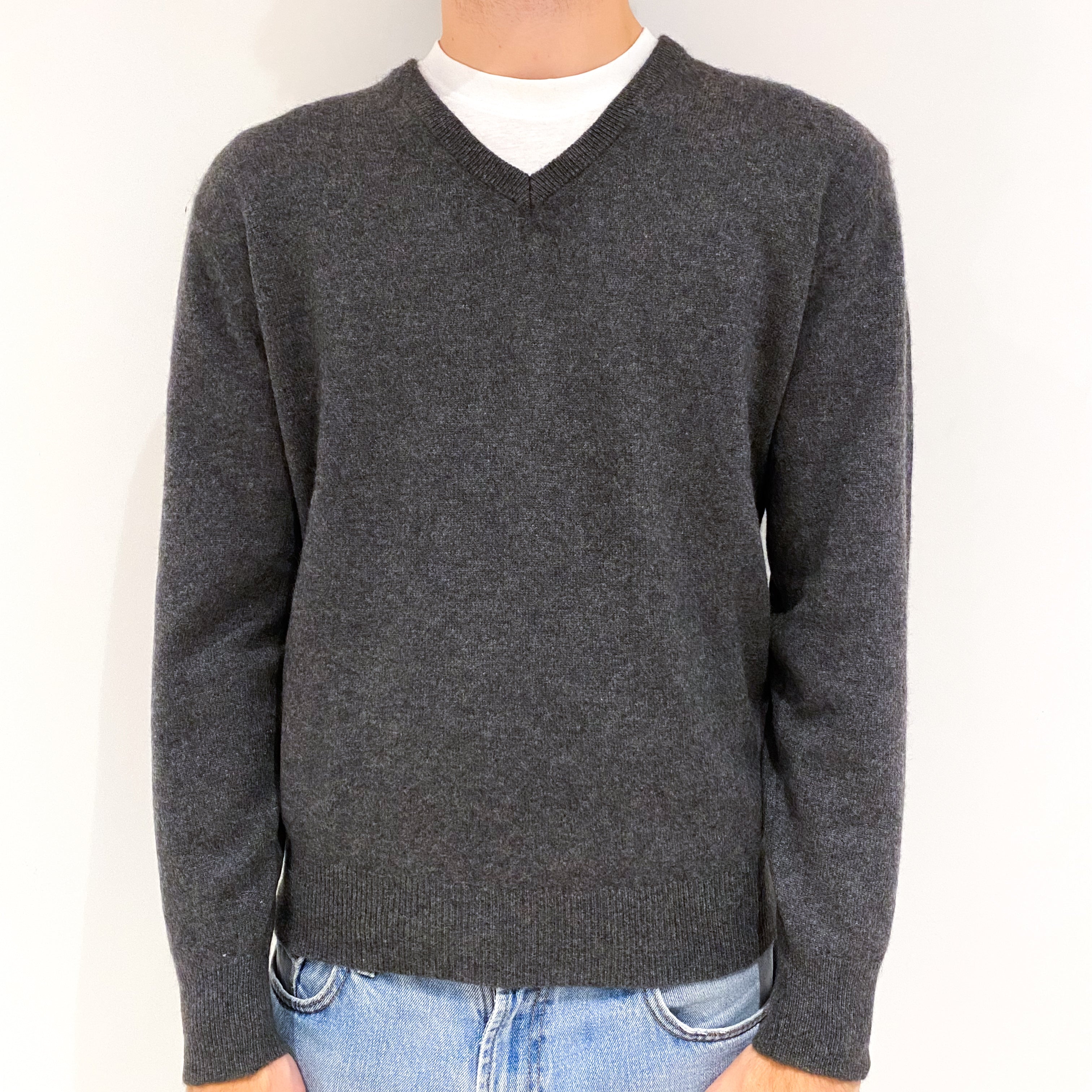 Men's Slate Grey Cashmere V-Neck Jumper Large
