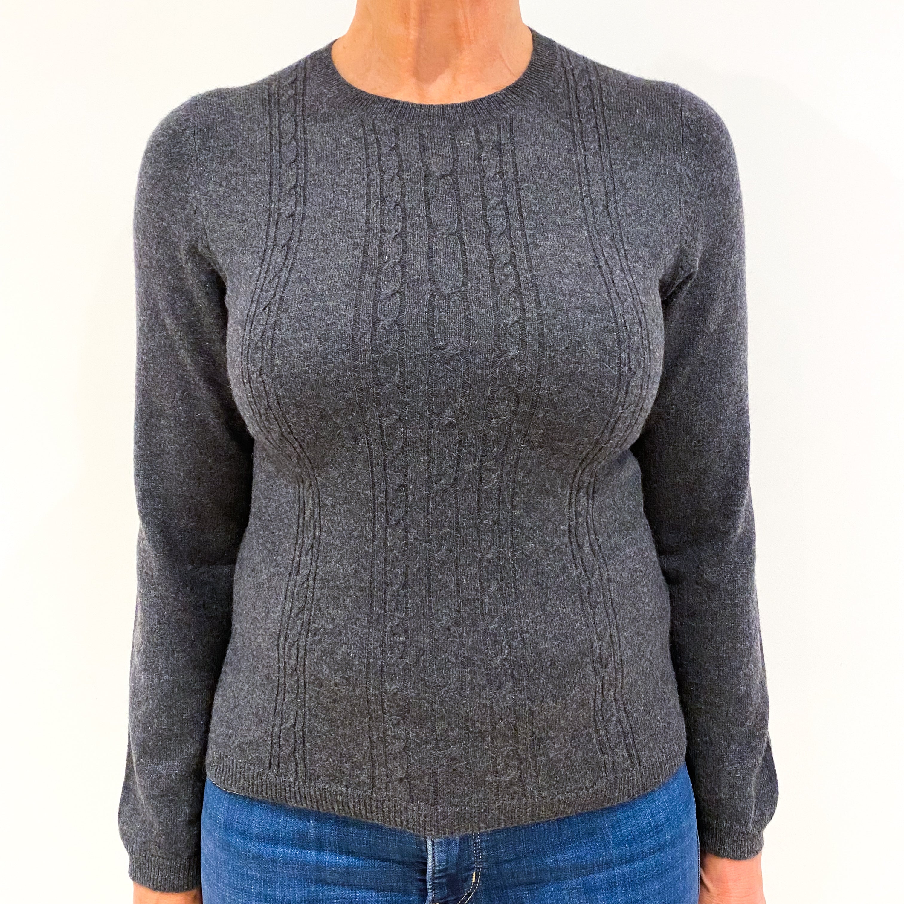 Slate Grey Cable Front Cashmere Crew Neck Jumper Medium