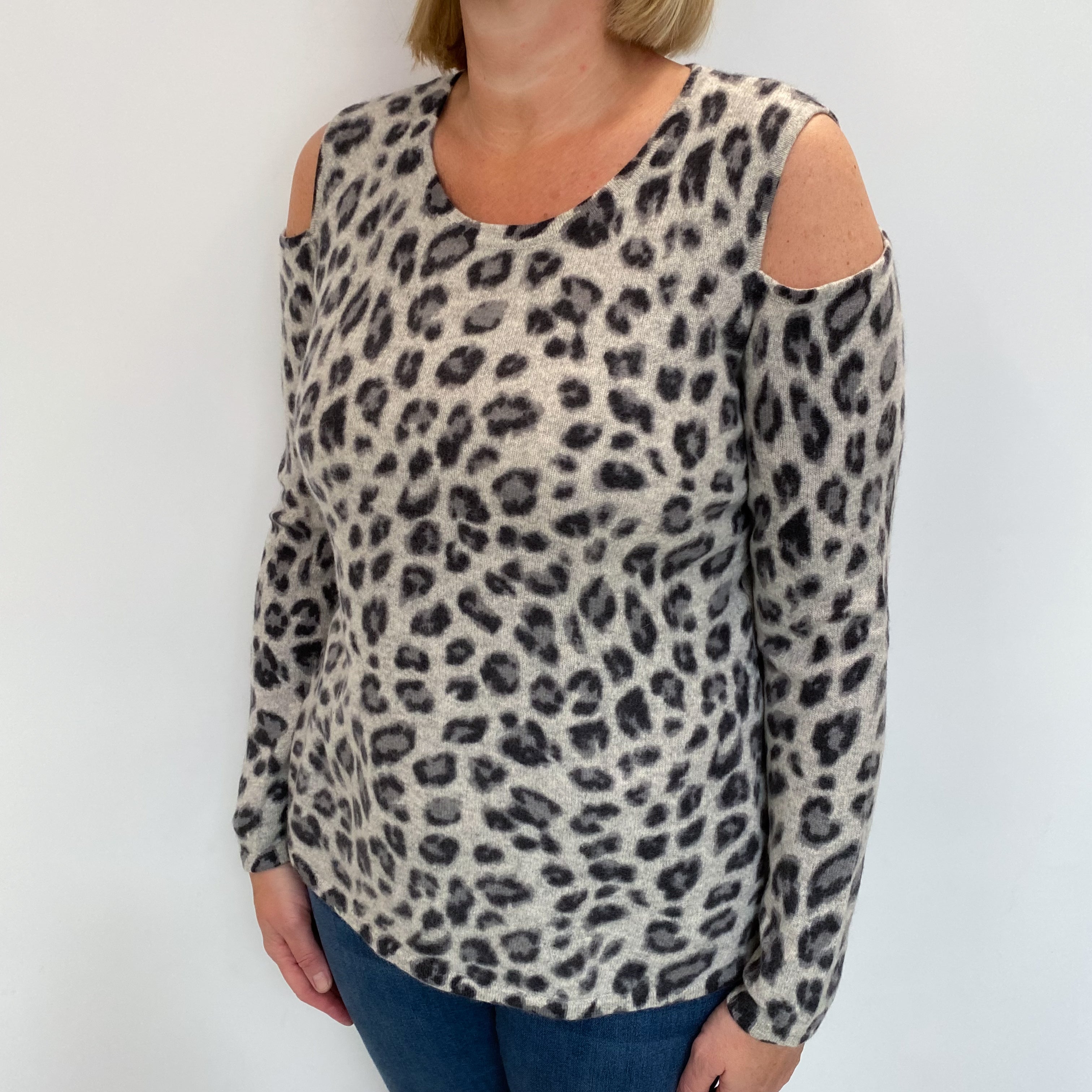 Grey Animal Print Cashmere Crew Neck Jumper Large