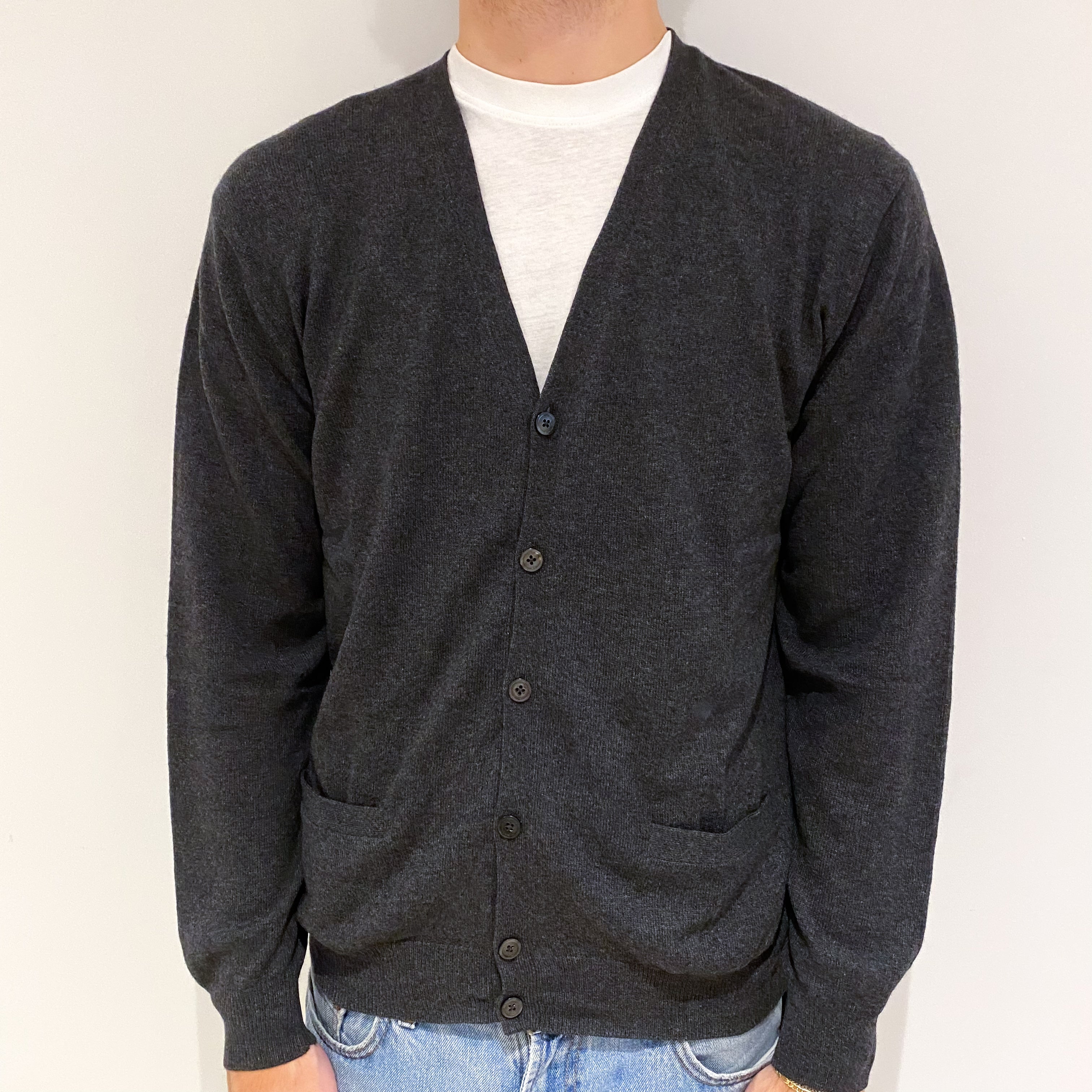 Men's Dark Grey Cashmere V Neck Cardigan with Pockets Large