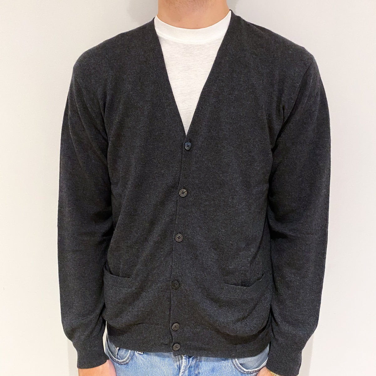 Men's Dark Grey Cashmere V Neck Cardigan with Pockets Large