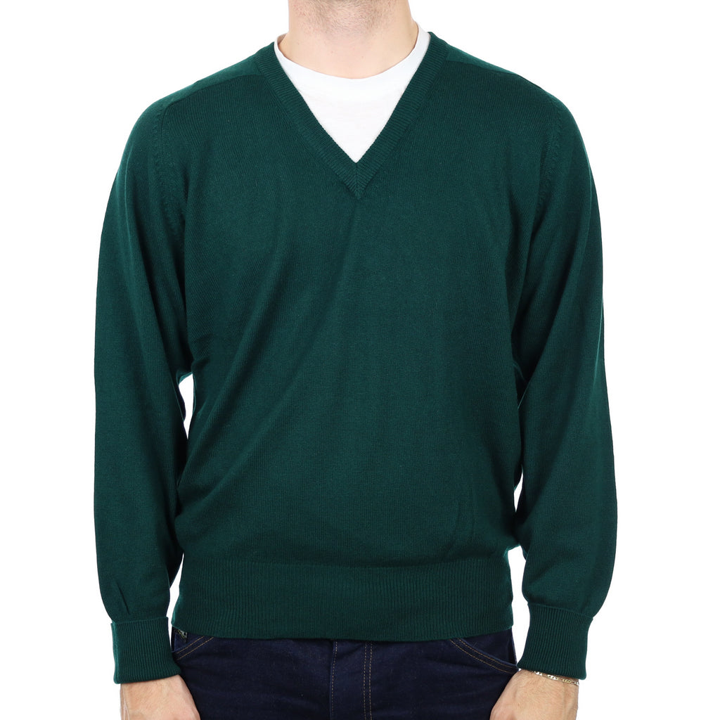 Men's Bottle Green Cashmere V Neck Jumper Large