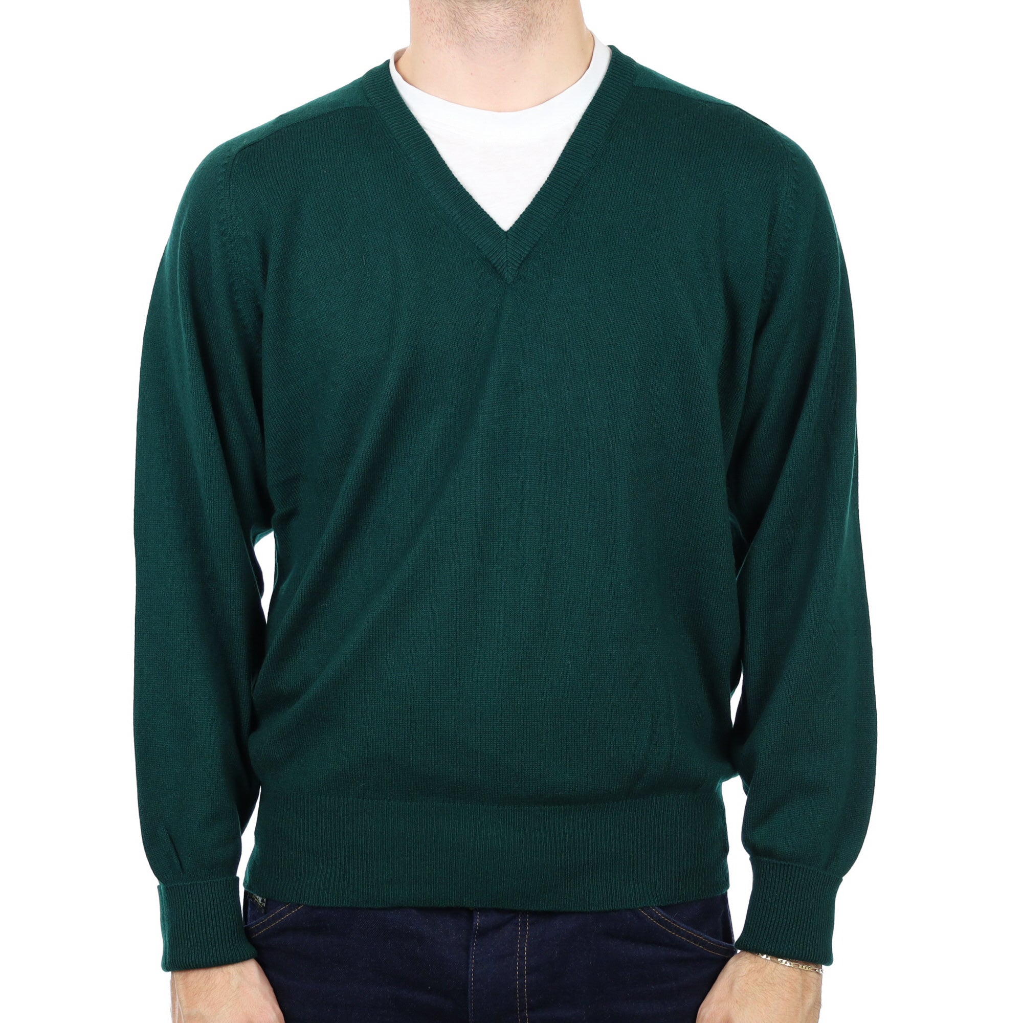 Men's Bottle Green Cashmere V Neck Jumper Large