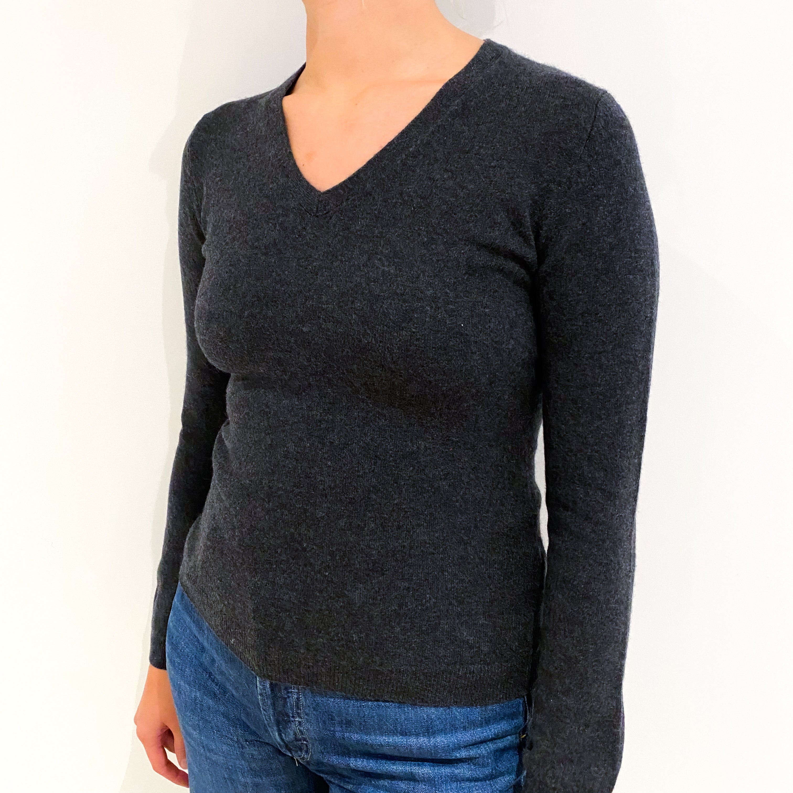 Dark Slate Grey Cashmere V-Neck Jumper Small