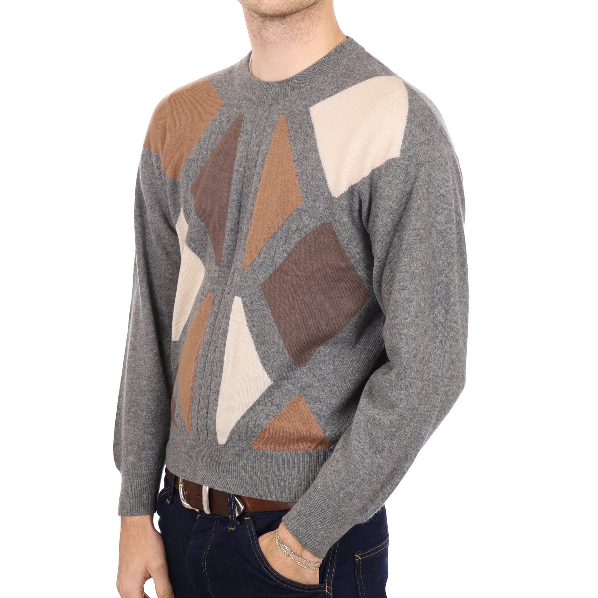 Men's Slate Grey Patterned Cashmere Crew Neck Jumper Medium