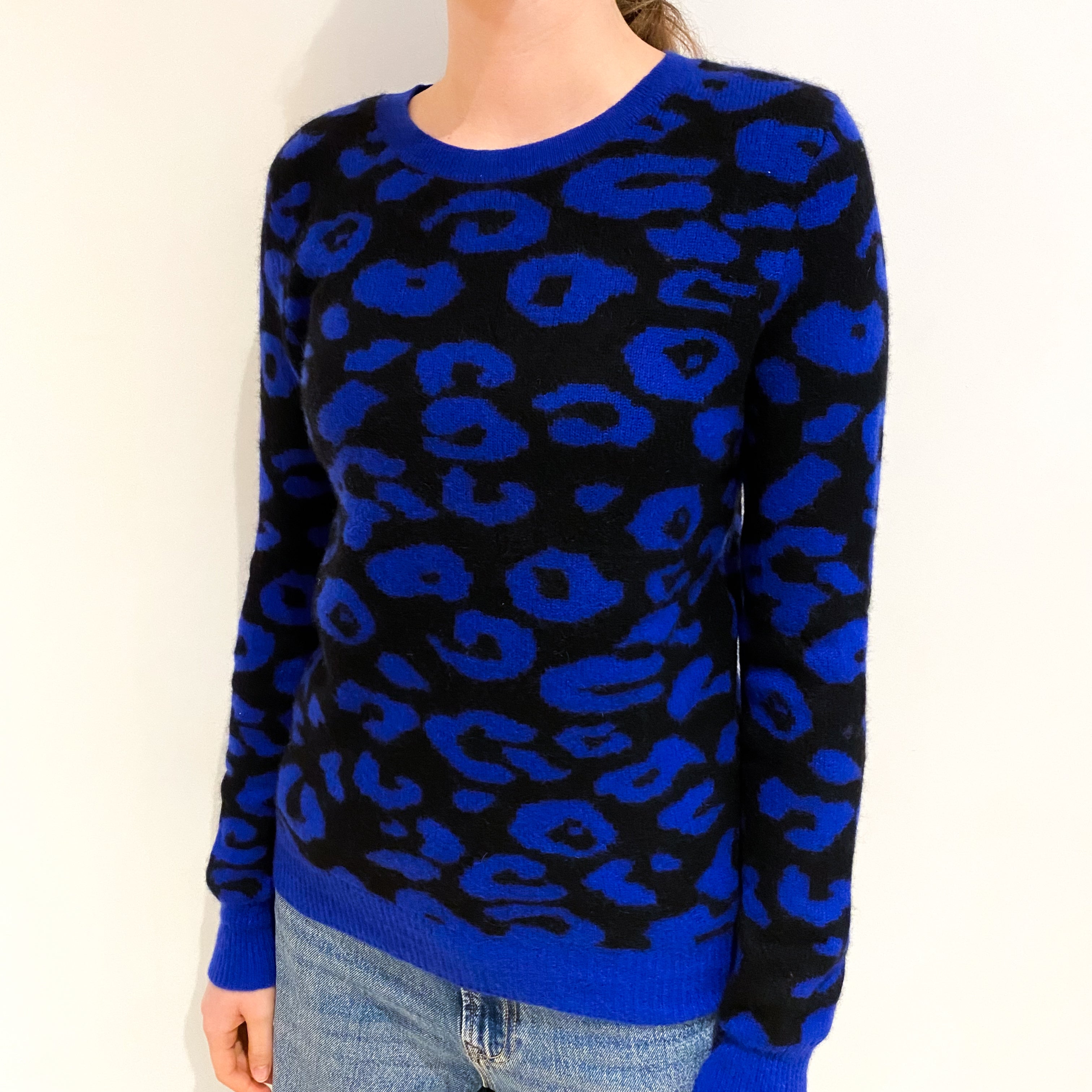 Indigo Blue Animal Print Cashmere Crew Neck Jumper Extra Small