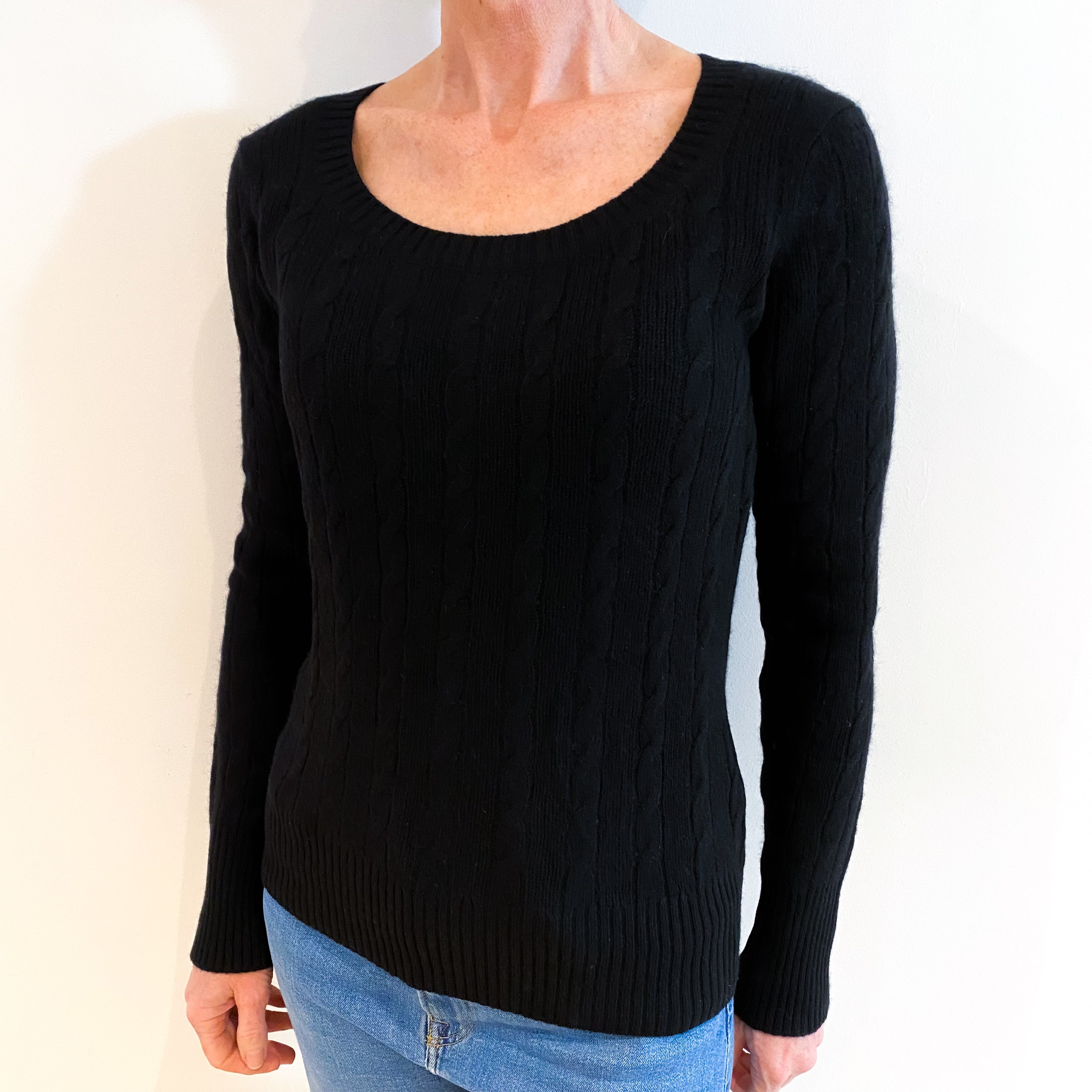 Black Cable Cashmere Scoop Neck Jumper Small