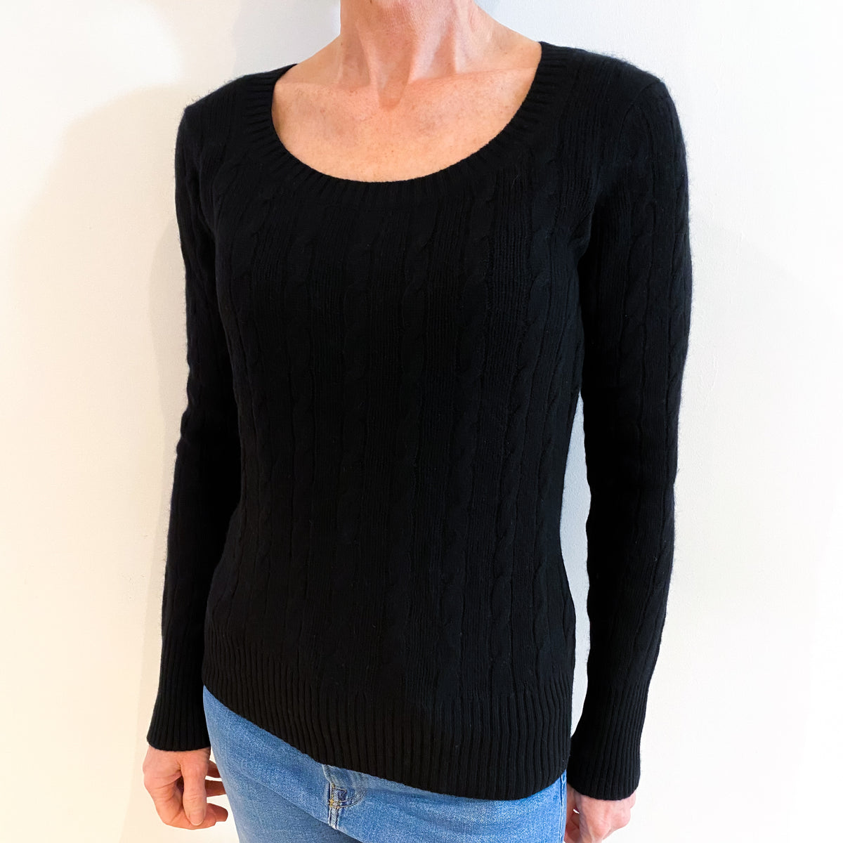 Black Cable Cashmere Scoop Neck Jumper Small