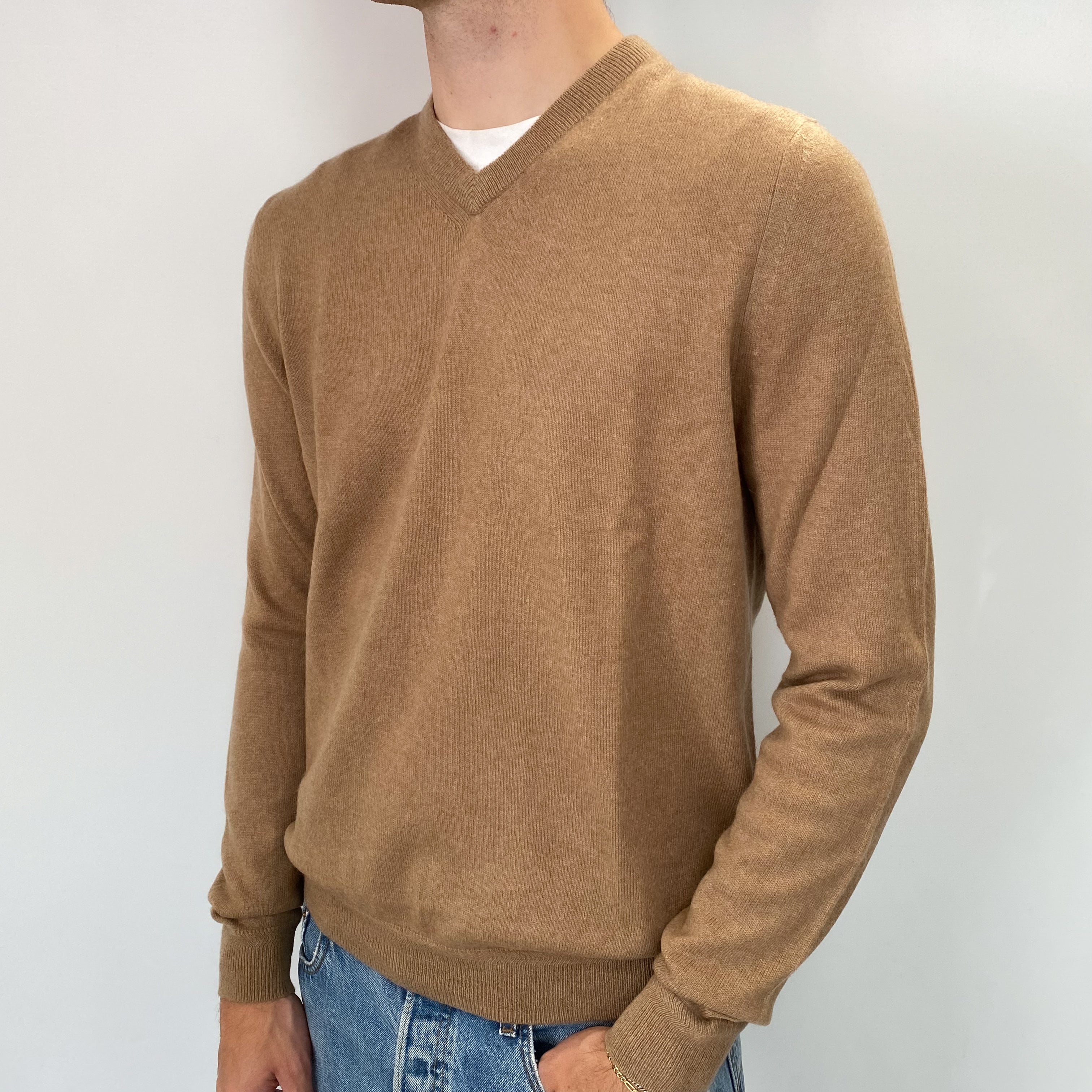 Men's Caramel Brown Cashmere V Neck Jumper Medium