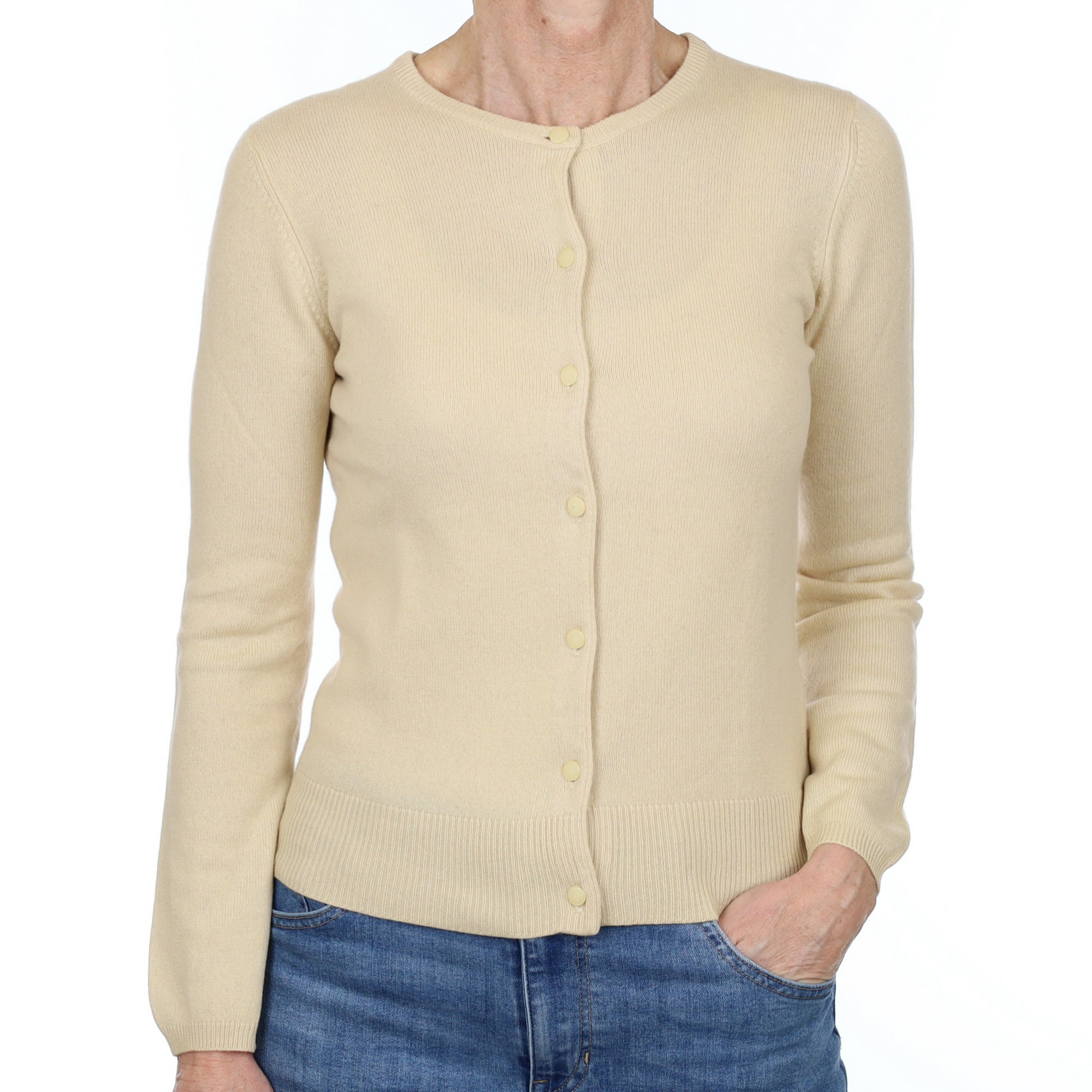 Soft Beige Cashmere Crew Neck Cardigan Small