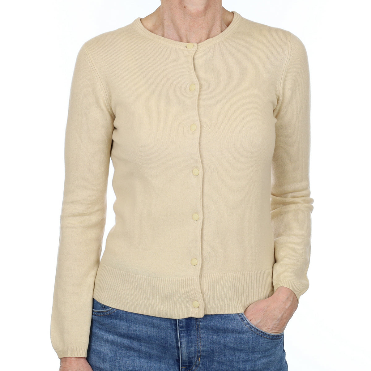 Soft Beige Cashmere Crew Neck Cardigan Small
