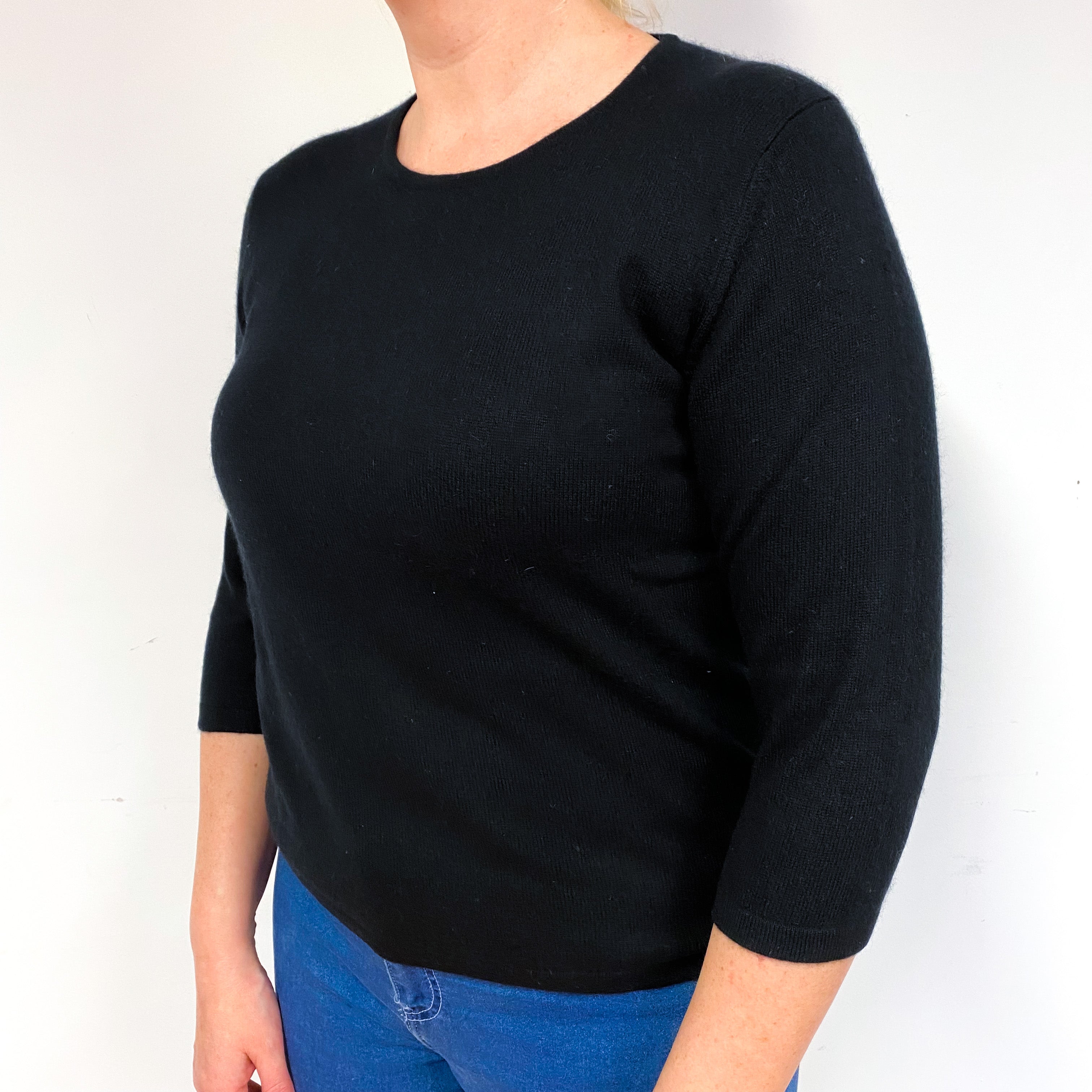 Black 3/4 Sleeve Cashmere Crew Neck Jumper Large