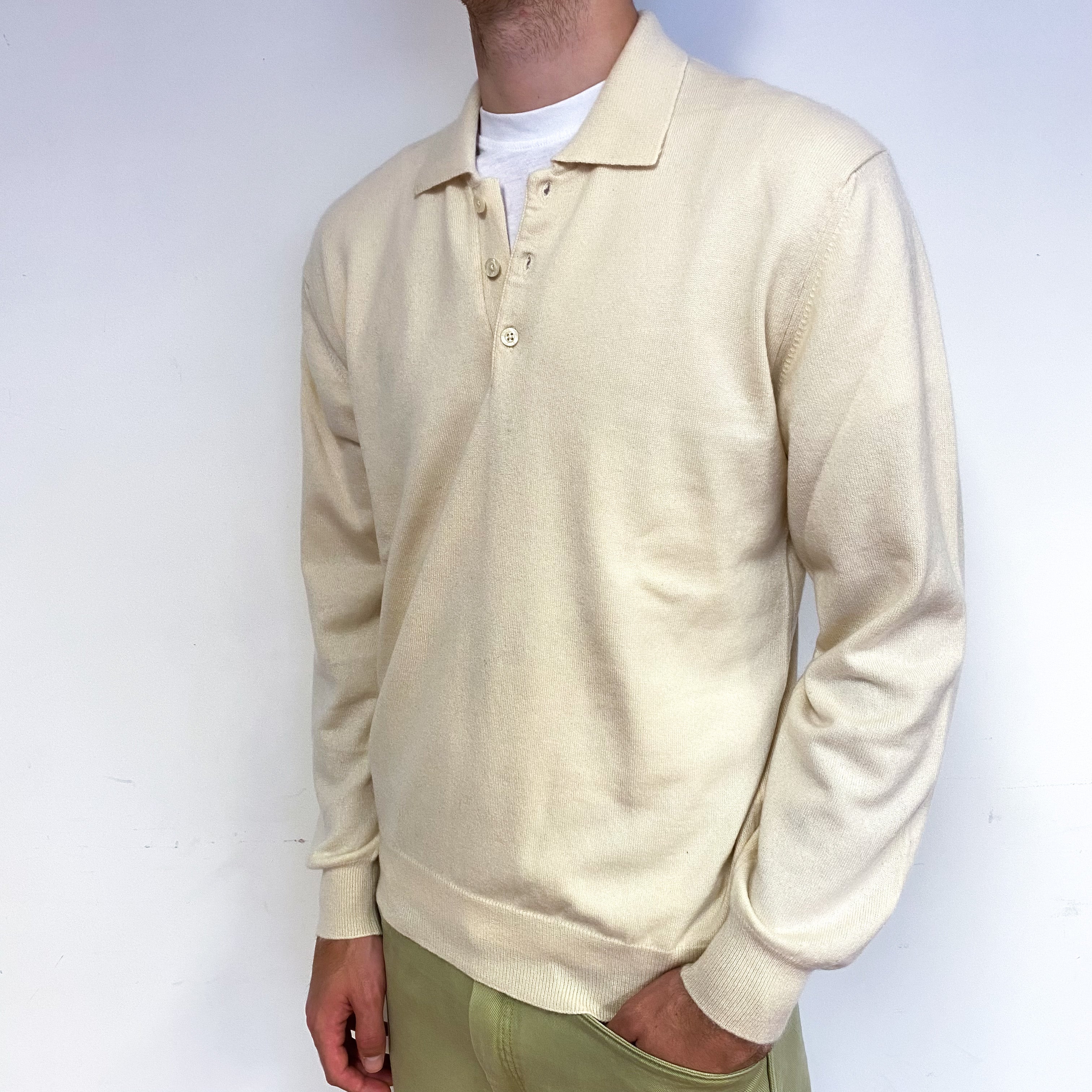 Men's Vanilla Cream Cashmere 1/4 Button Jumper Large