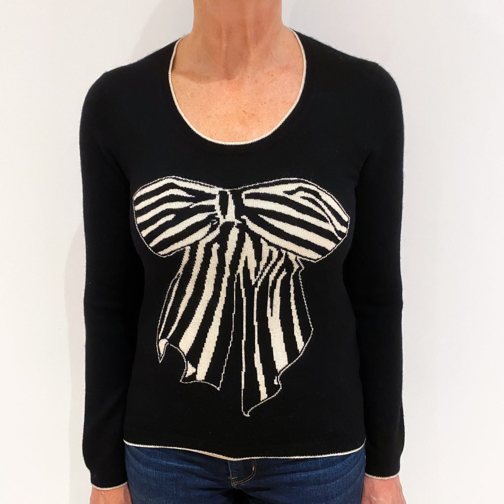 Jaeger Black Bow Design Cashmere Scoop Neck Jumper Medium