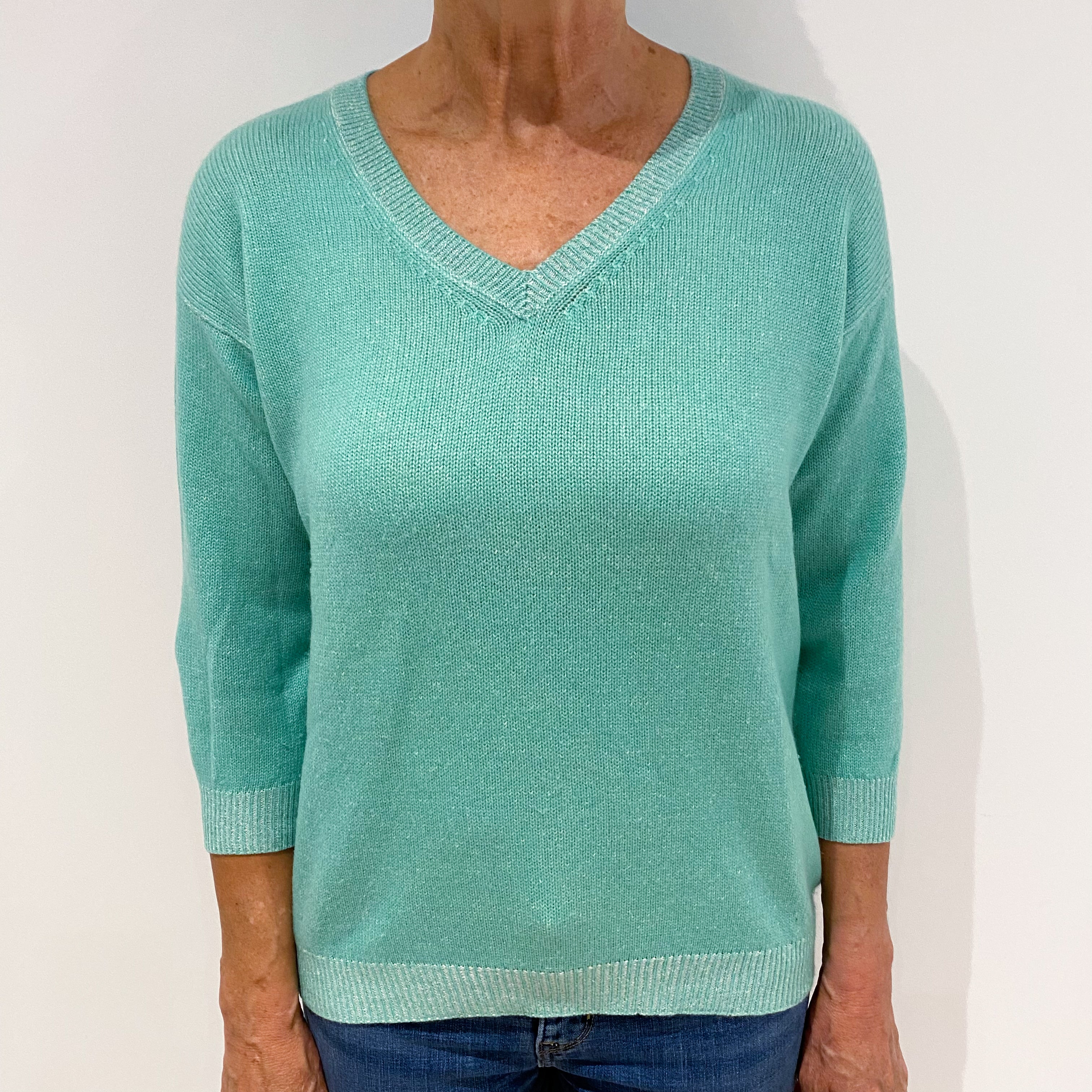 Mint Green 3/4 Sleeved Cashmere V-Neck Jumper Medium