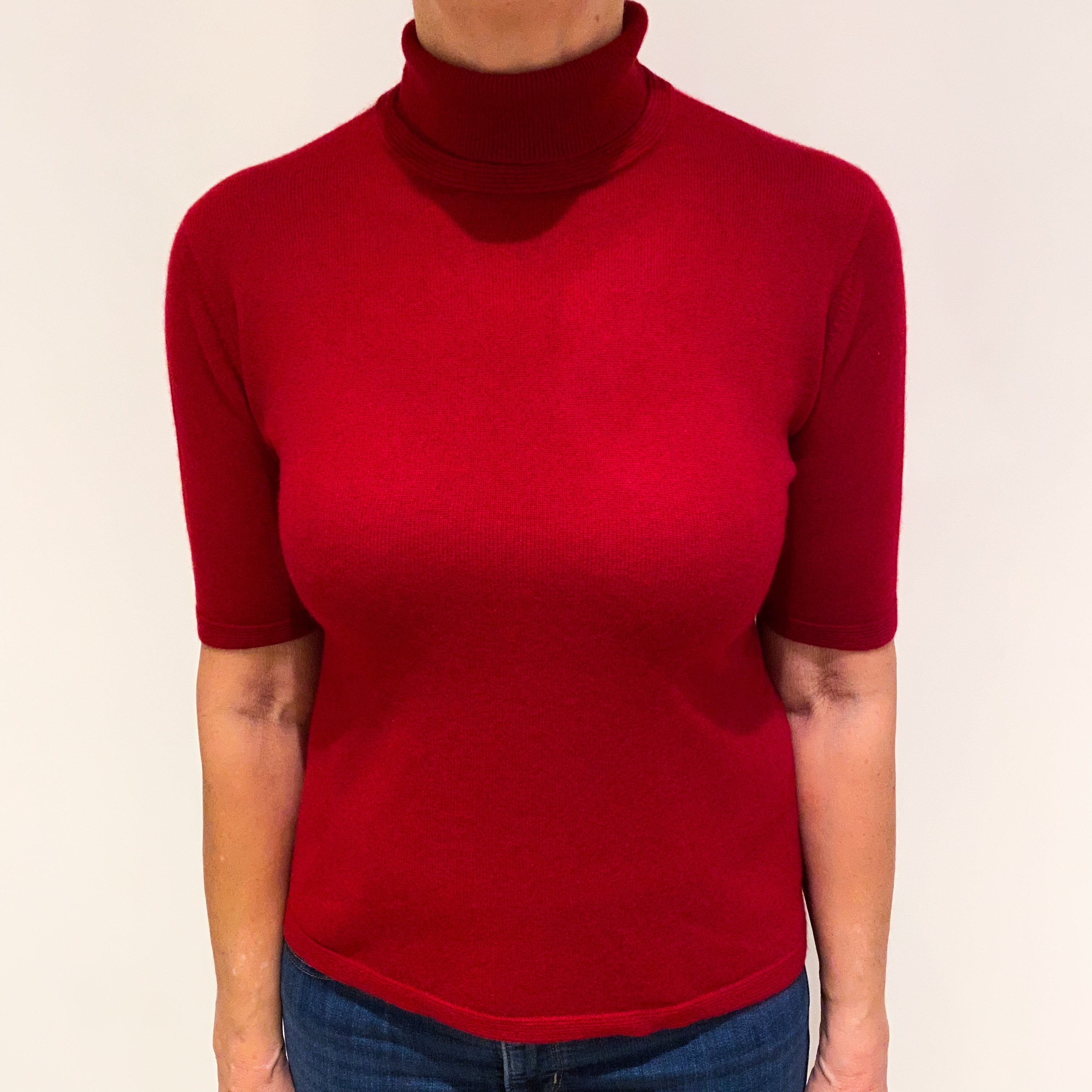 Crimson Red Cashmere Short Sleeved Polo Neck Jumper Medium