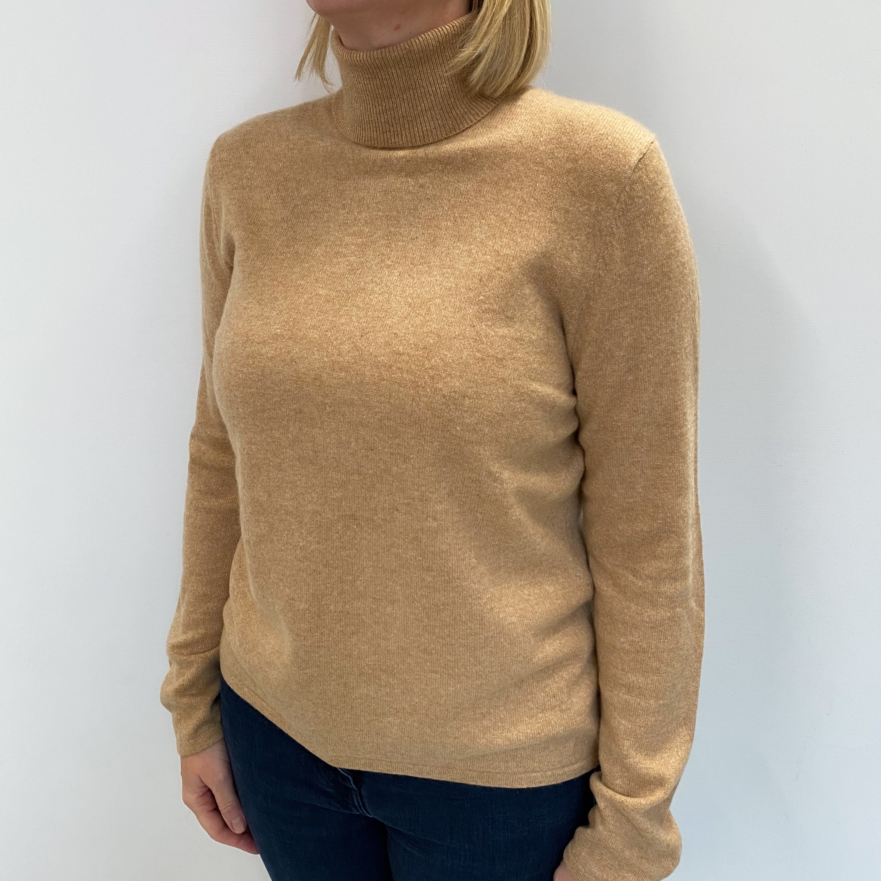 Sand Beige Cashmere Polo Neck Jumper Large
