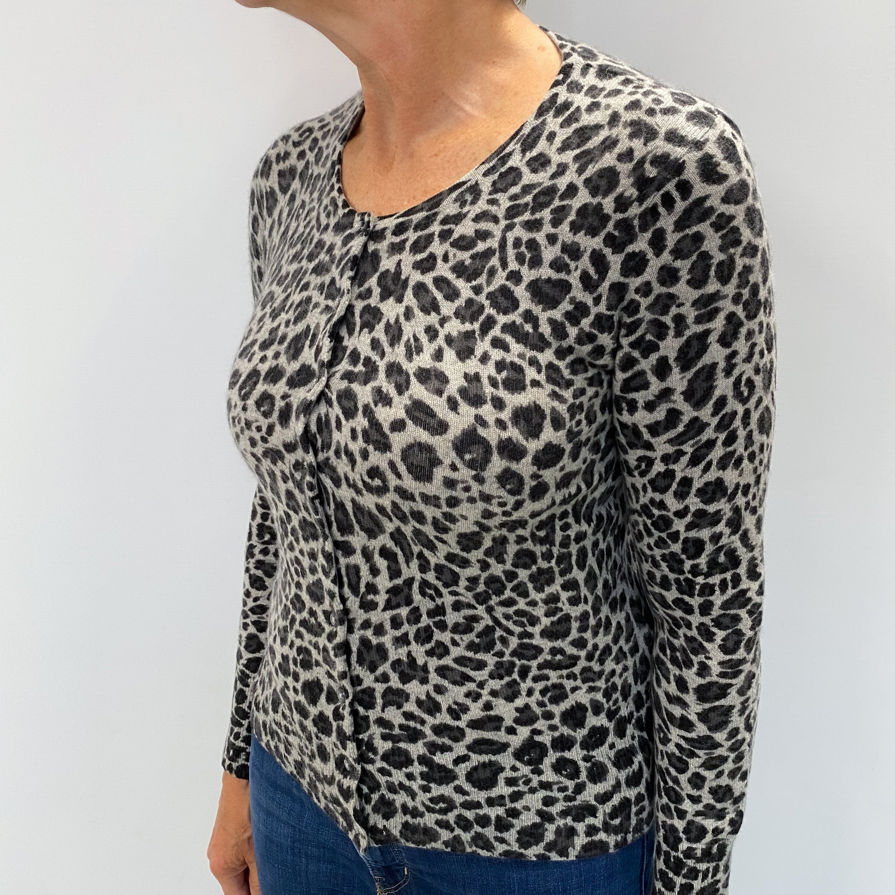 Grey Animal Print Cashmere Crew Neck Cardigan Medium