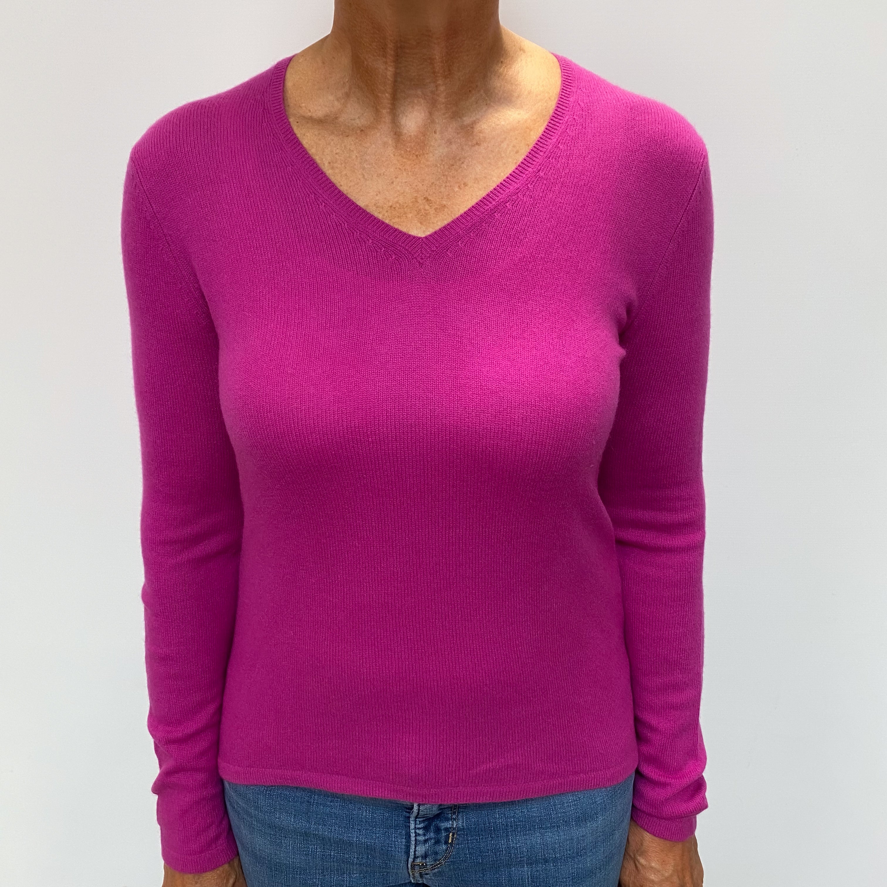 Magenta Pink Cashmere V Neck Jumper Medium
