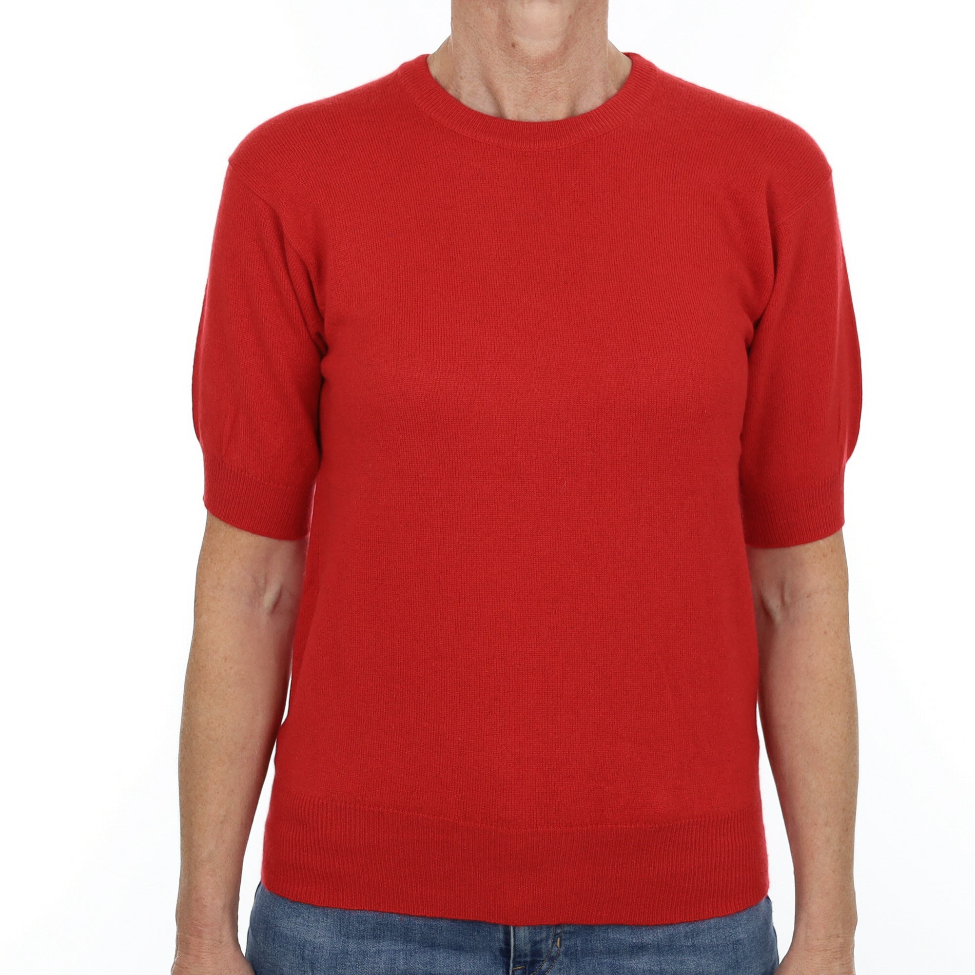 Spanish Red Cashmere Crew Neck Short Sleeved Jumper Small