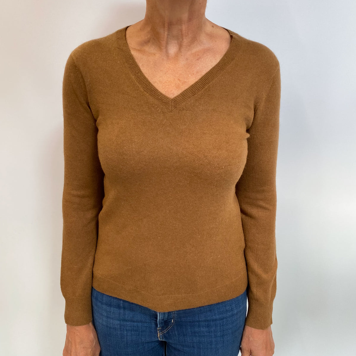 Chestnut Brown Cashmere V Neck Jumper Medium