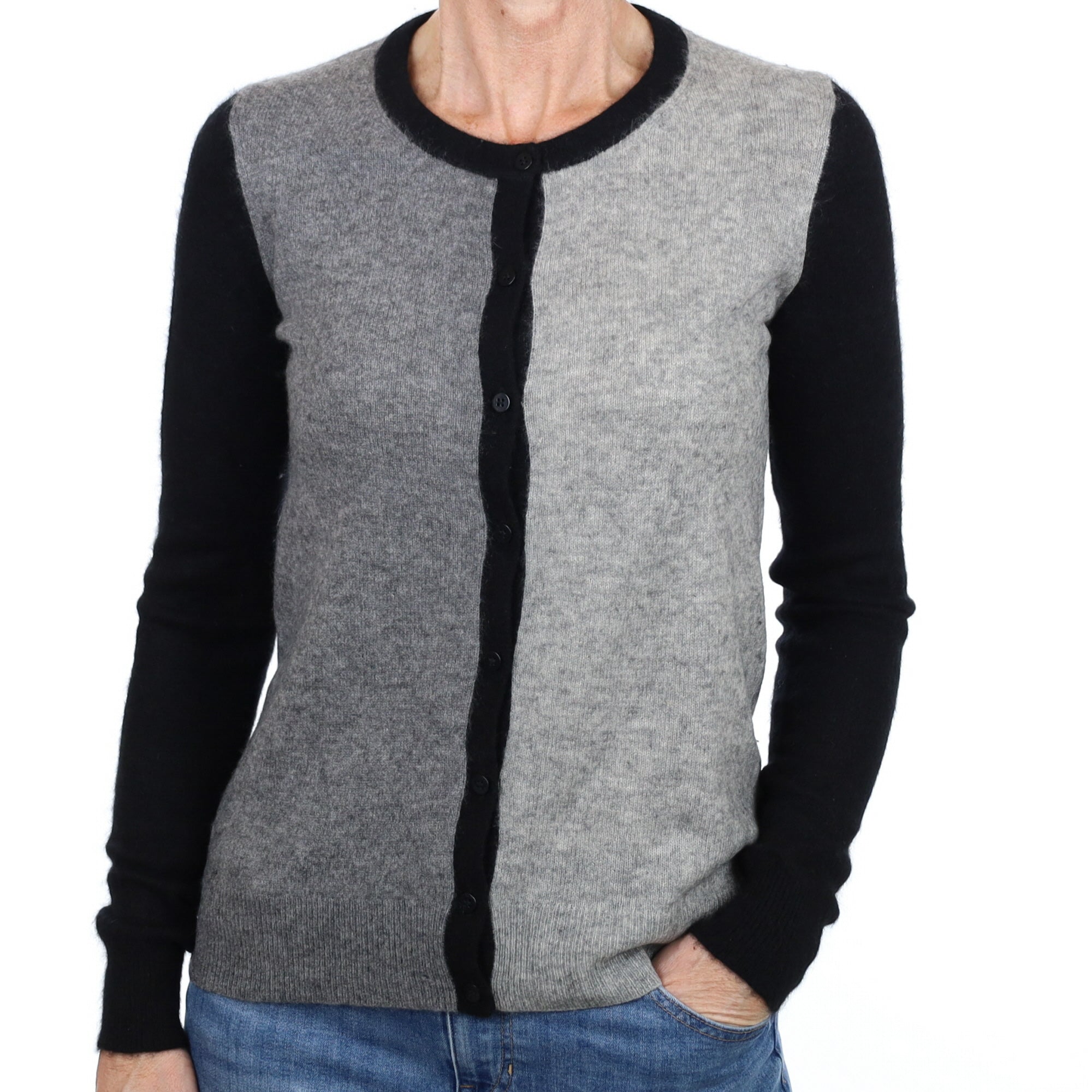 Grey and Black Cashmere Crew Neck Cardigan Small