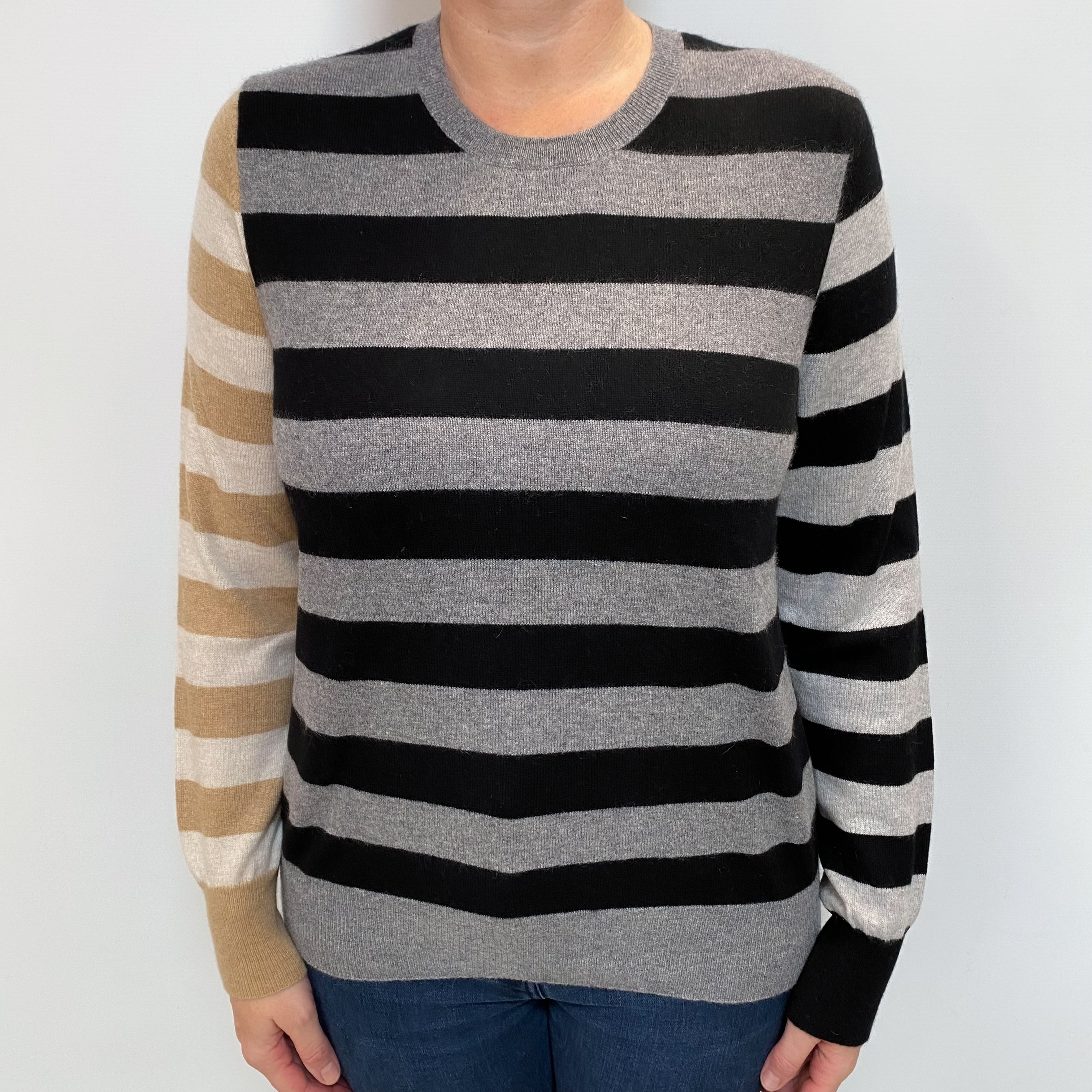 Black and Grey Stripe Cashmere Crew Neck Jumper Large
